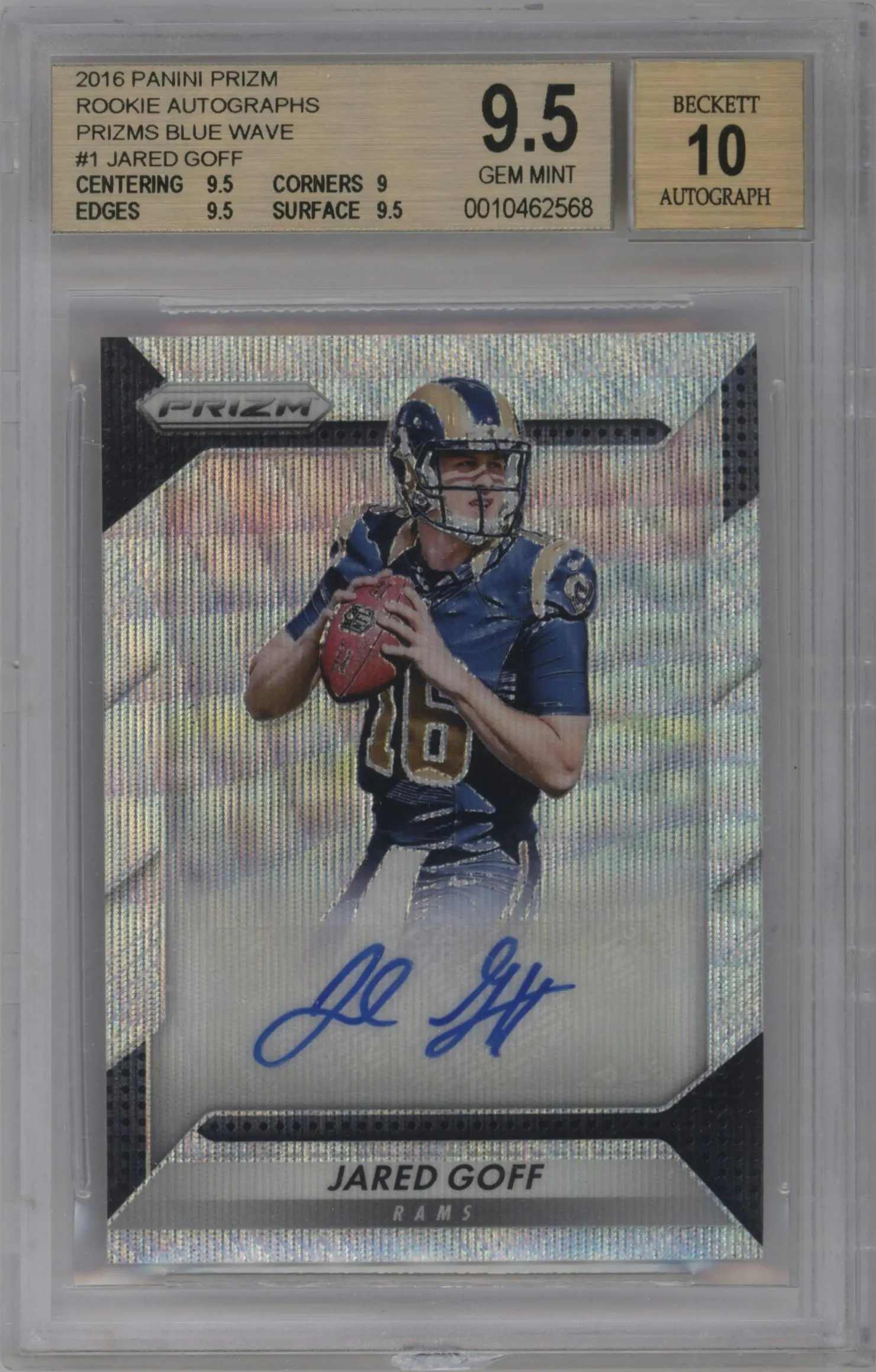 2016 Panini Prizm Rke.Auto Jared Goff Blue Wave #RA-JGF BGS 9.5