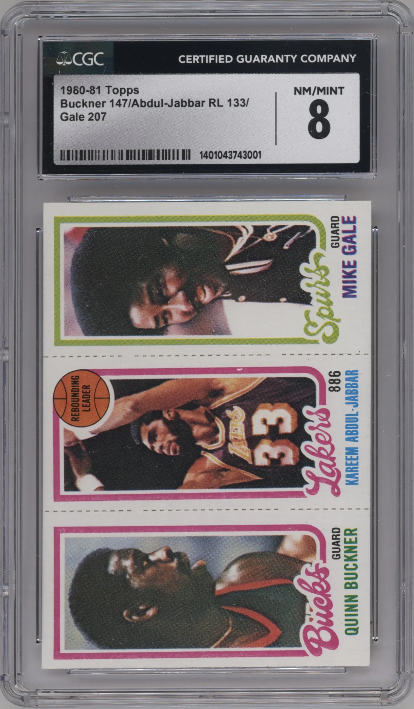 1980 Topps Quinn Buckner/Kareem Abdul-Jabbar/Mike Gale #133/147/207 CGC 8