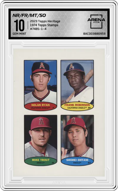 2023 Topps Heritage 1974 Topps Stamps Nolan Ryan/Frank Robinson/Mike Trout/Shohei Ohtani #74BS-1-4 ARENA CLUB 10