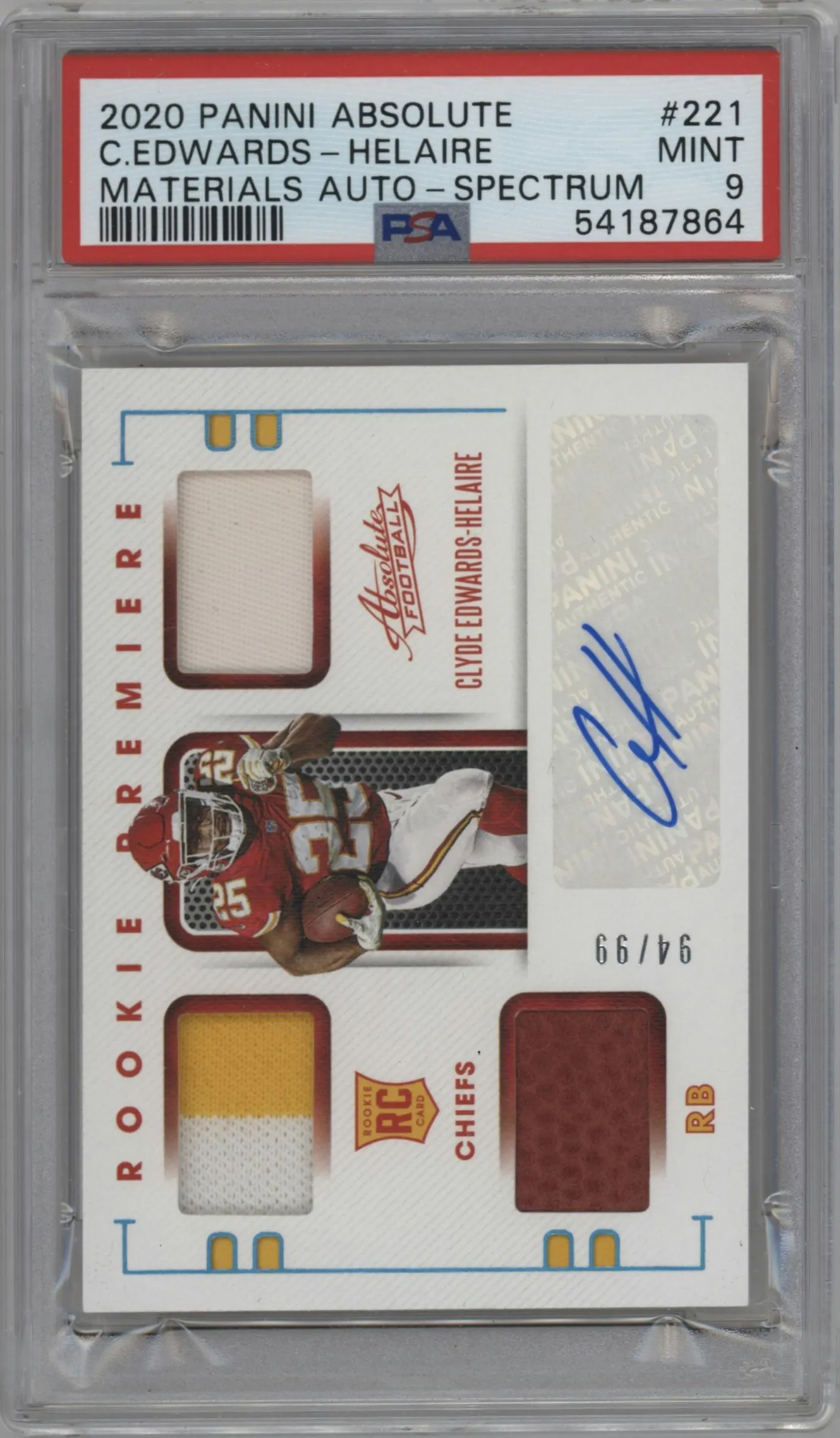 2020 Panini Absolute Rke.Prem.Mat.Auto Clyde Edwards-Helaire Spectrum #221 PSA 9
