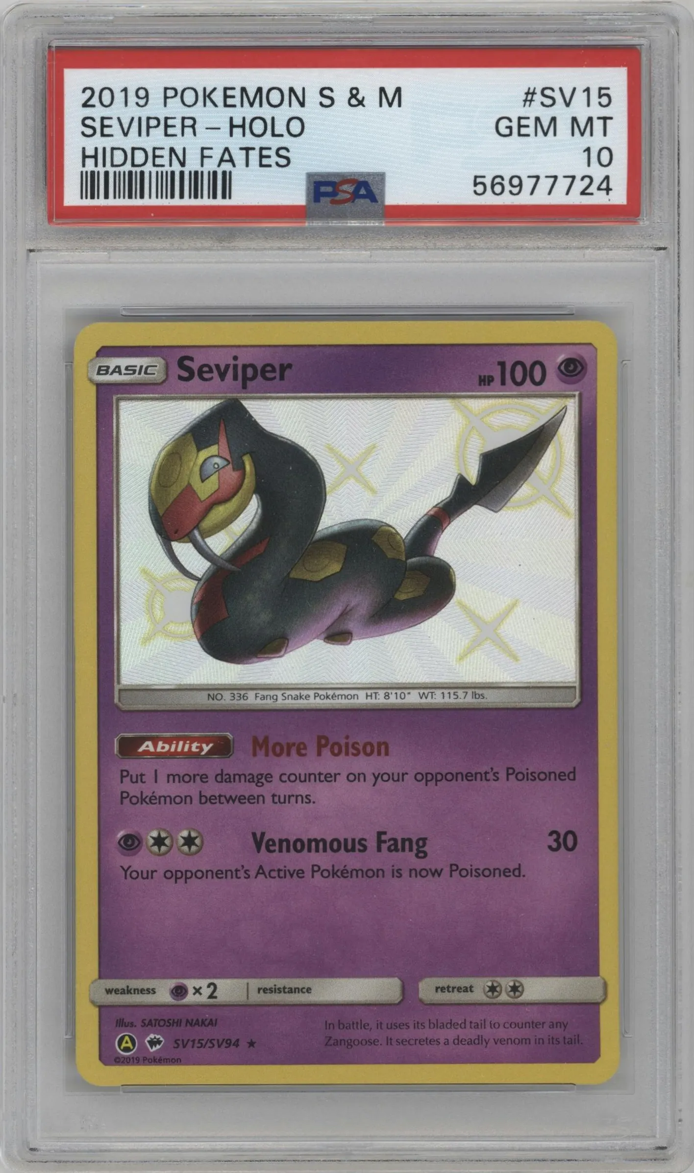 2019 Pokemon S&M Hidden Fates Seviper #SV15 PSA 10
