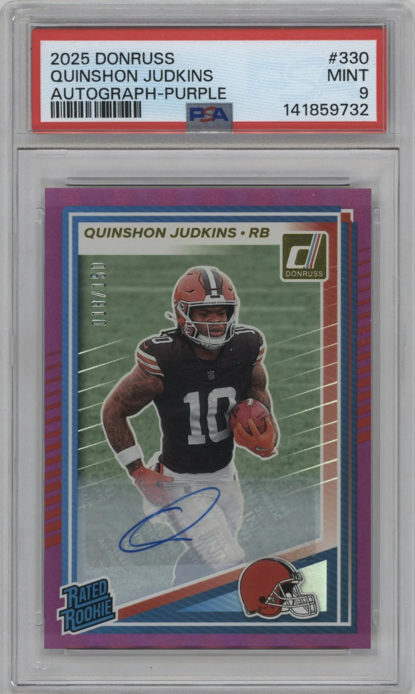 2025 Panini Donruss Rtd.Rke.Auto Quinshon Judkins Purple #330 PSA 9