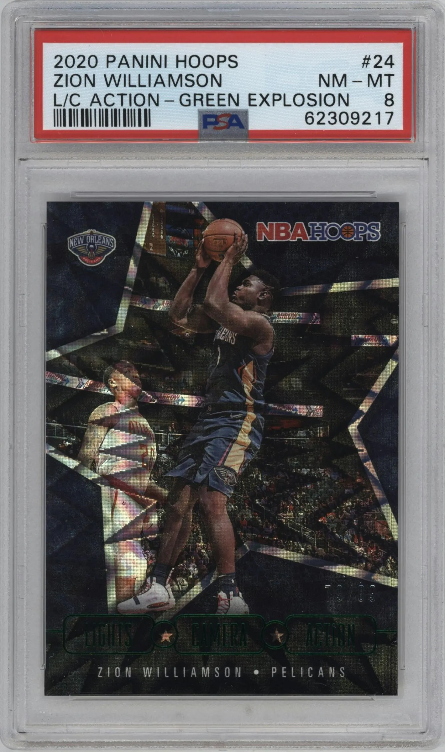 2020 Panini NBA Hoops Lights Camera Action Zion Williamson Green Explosion #24 PSA 8