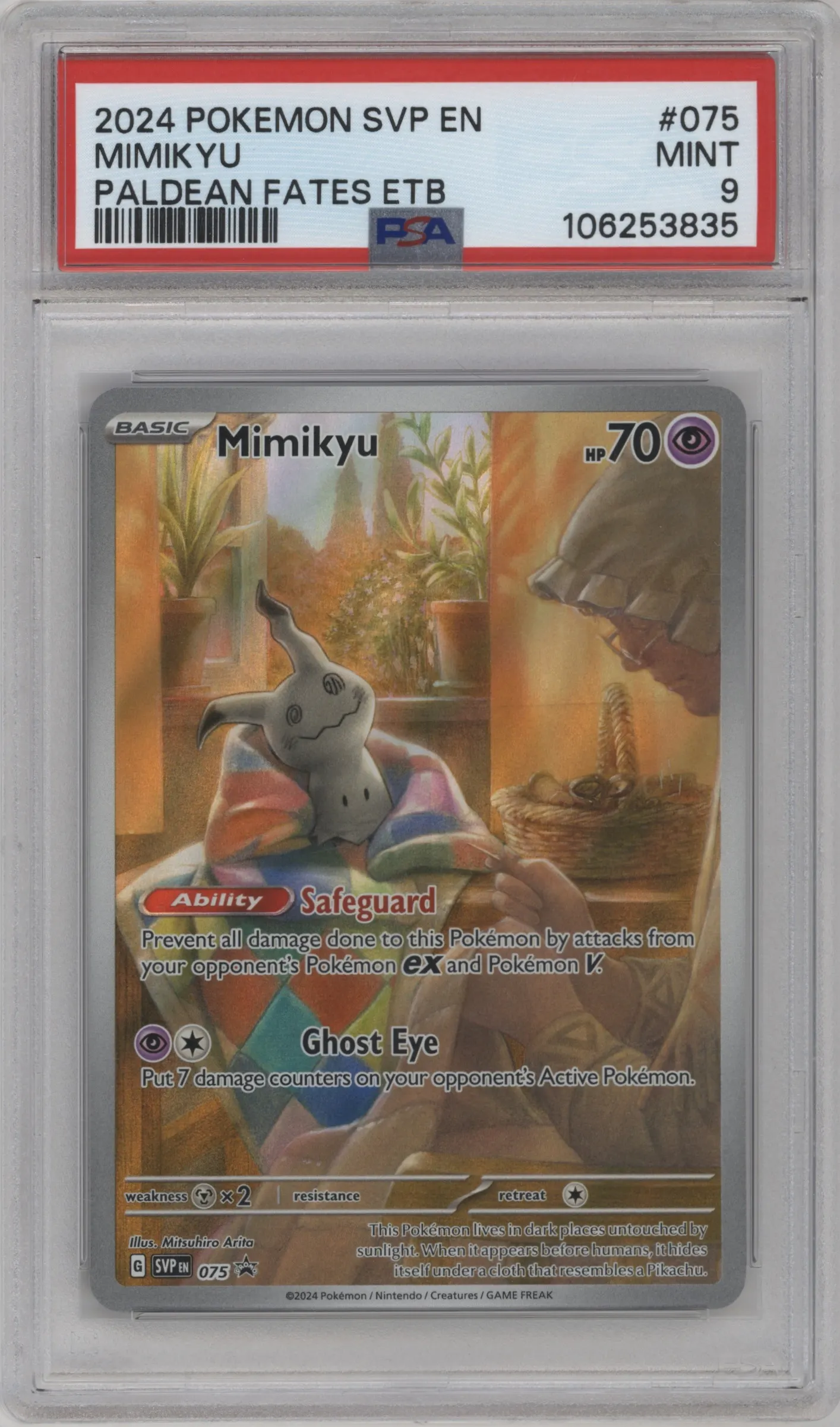 2024 Pokemon SV Mimikyu Paldean Fates Elite Trainer Box #075 PSA 9