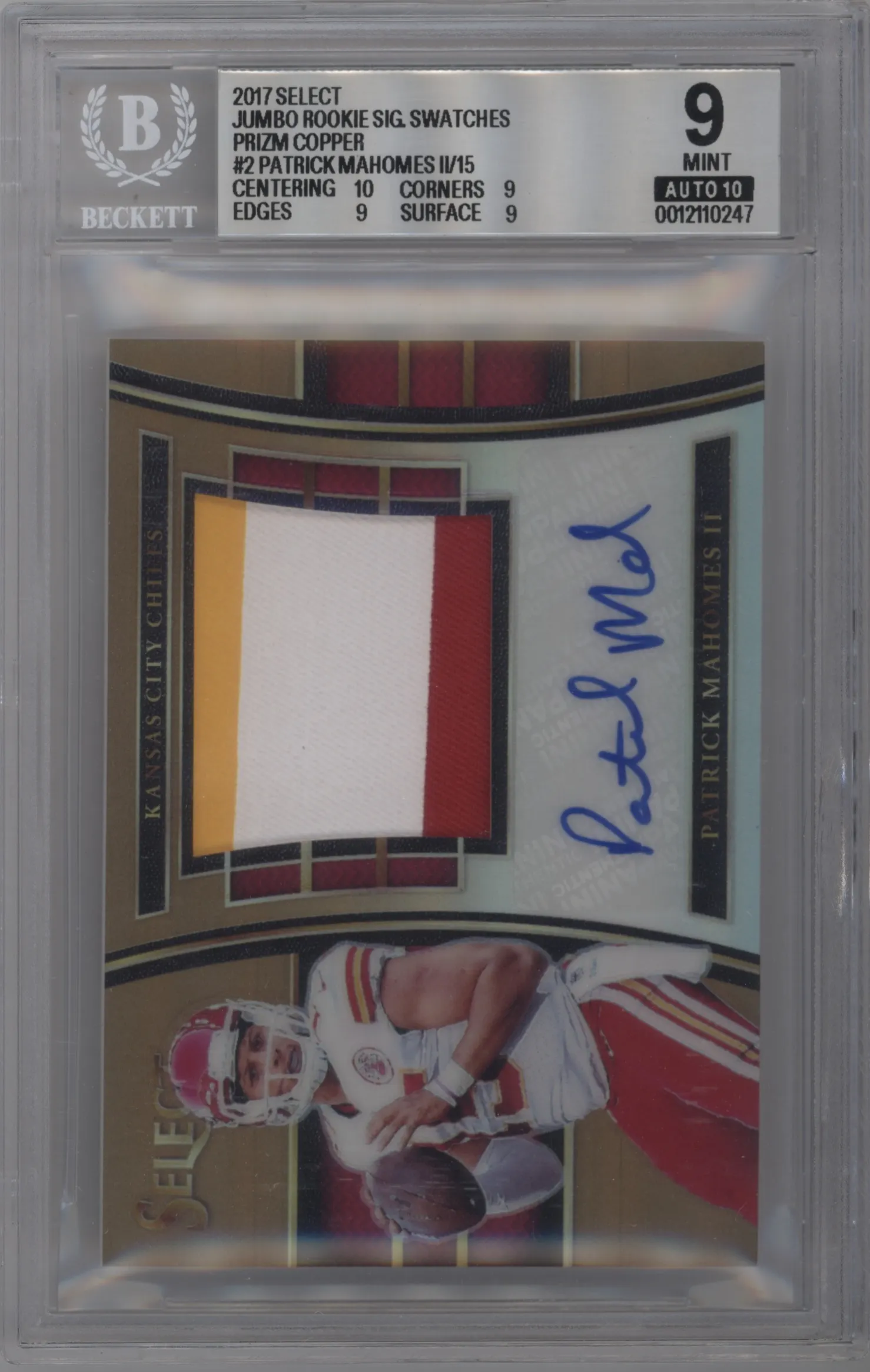 2017 Panini Select Jmb.Rke.Sig.Swch. Patrick Mahomes II Copper Prizm #JM-PM BGS 9