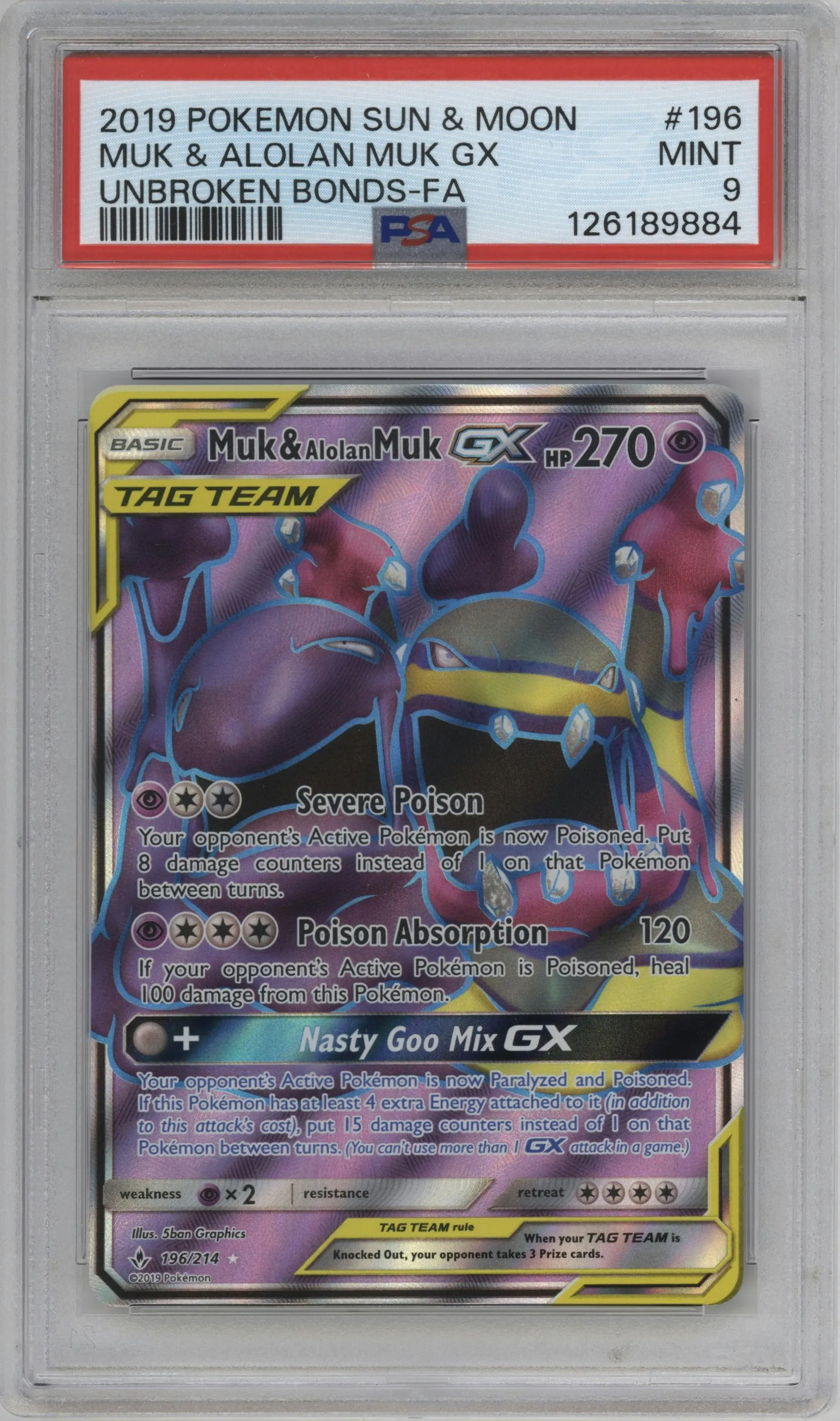 2019 Pokemon S&M Unbroken Bonds Muk & Alolan Muk GX #196 PSA 9