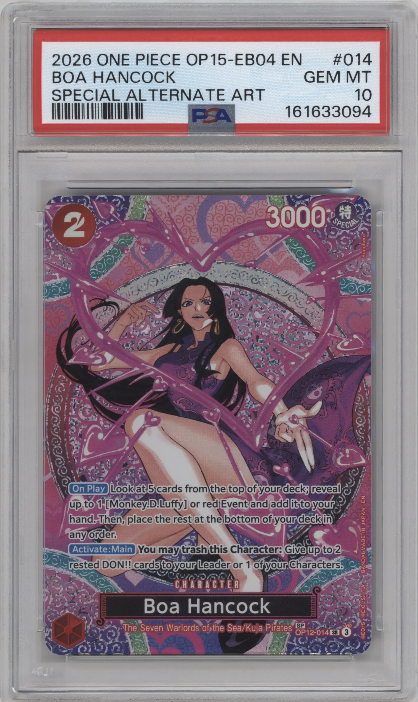 2026 One Piece Adventure/KAMI’s Island Boa Hancock Alternate Art OP12-014 SR #SP OP12-014 SR PSA 10