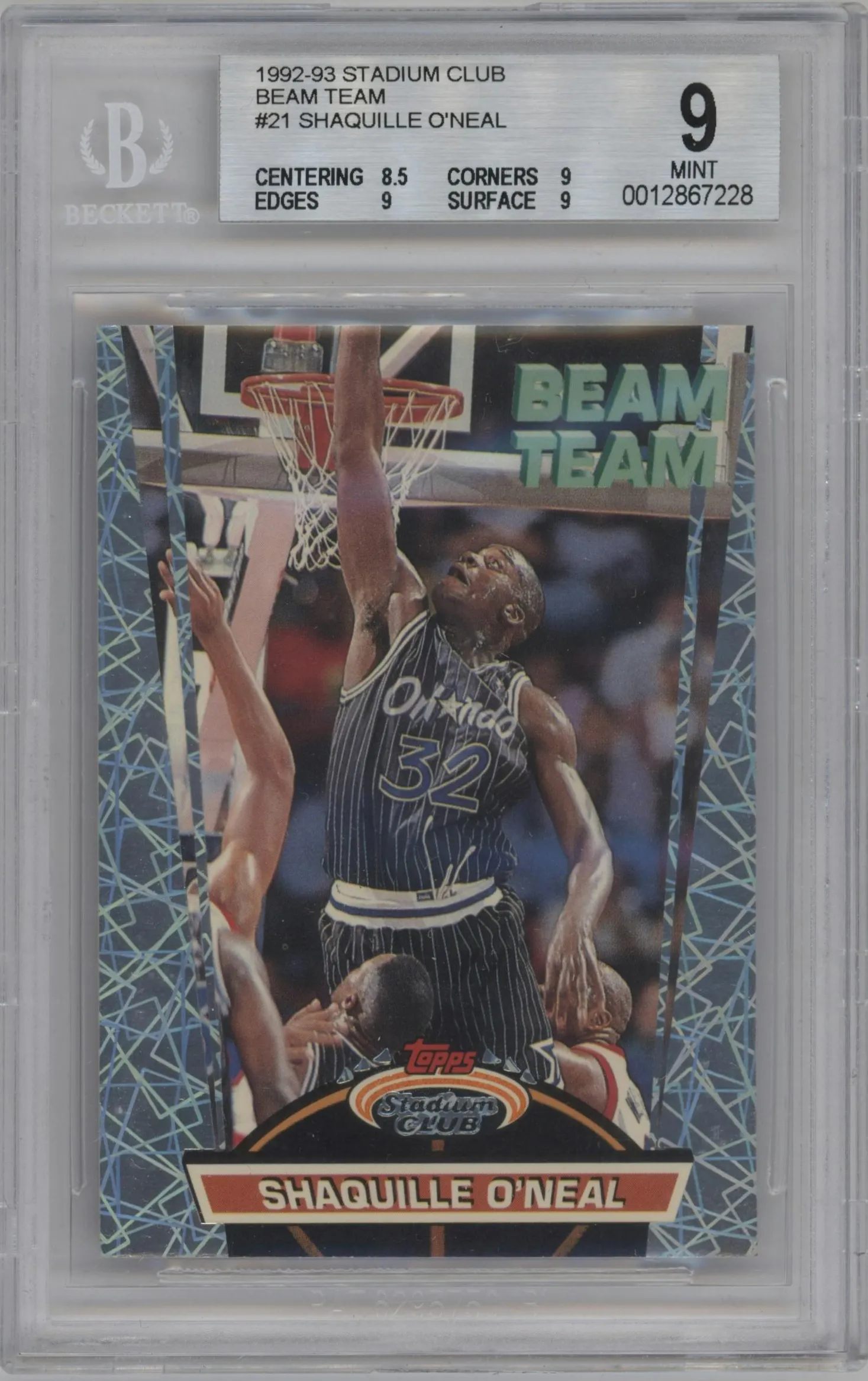 1992 Topps Stadium Club Beam Team Shaquille O'Neal #21 BGS 9