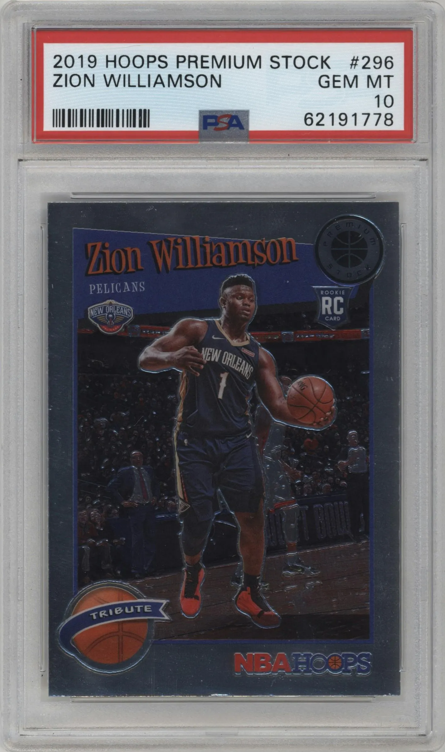 2019 Panini Hoops Premium Stock Tribute Zion Williamson #296 PSA 10