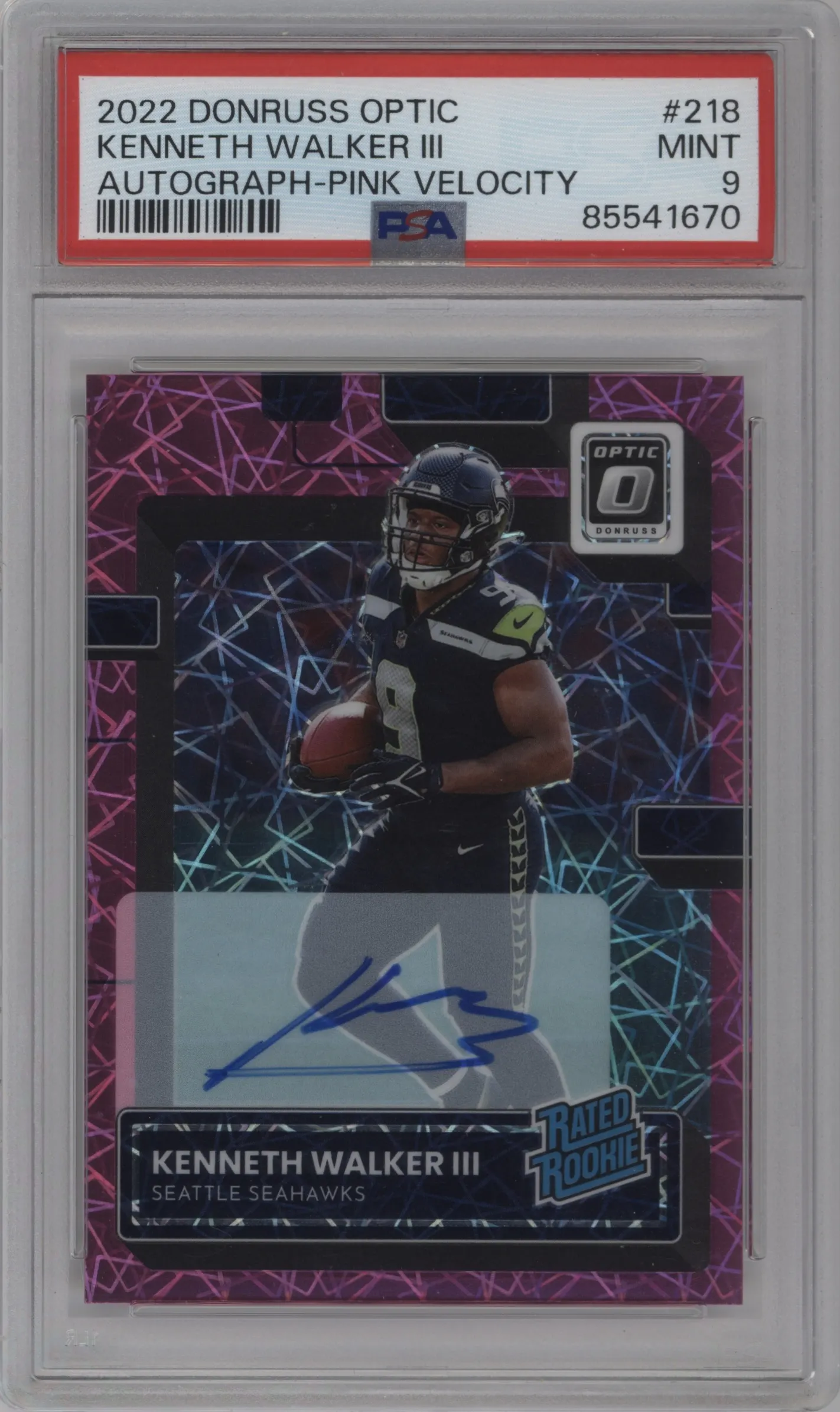 2022 Panini Donruss Optic Rtd.Rke.Auto Kenneth Walker III Pink Velocity #218 PSA 9