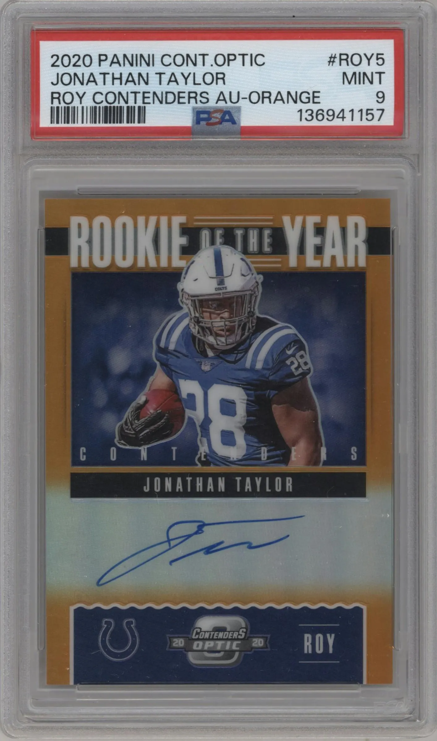2020 Panini Contenders Optic ROY Cont.Auto Jonathan Taylor Orange #ROY5 PSA 9