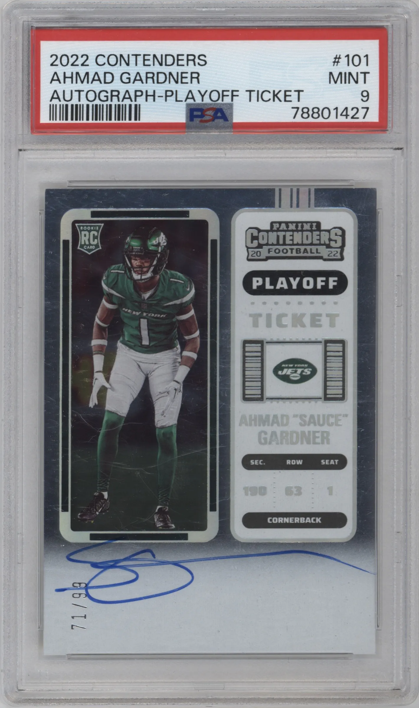 2022 Panini Contenders Rke.Tkt.Auto Ahmad "Sauce" Gardner Playoff Ticket PSA 9