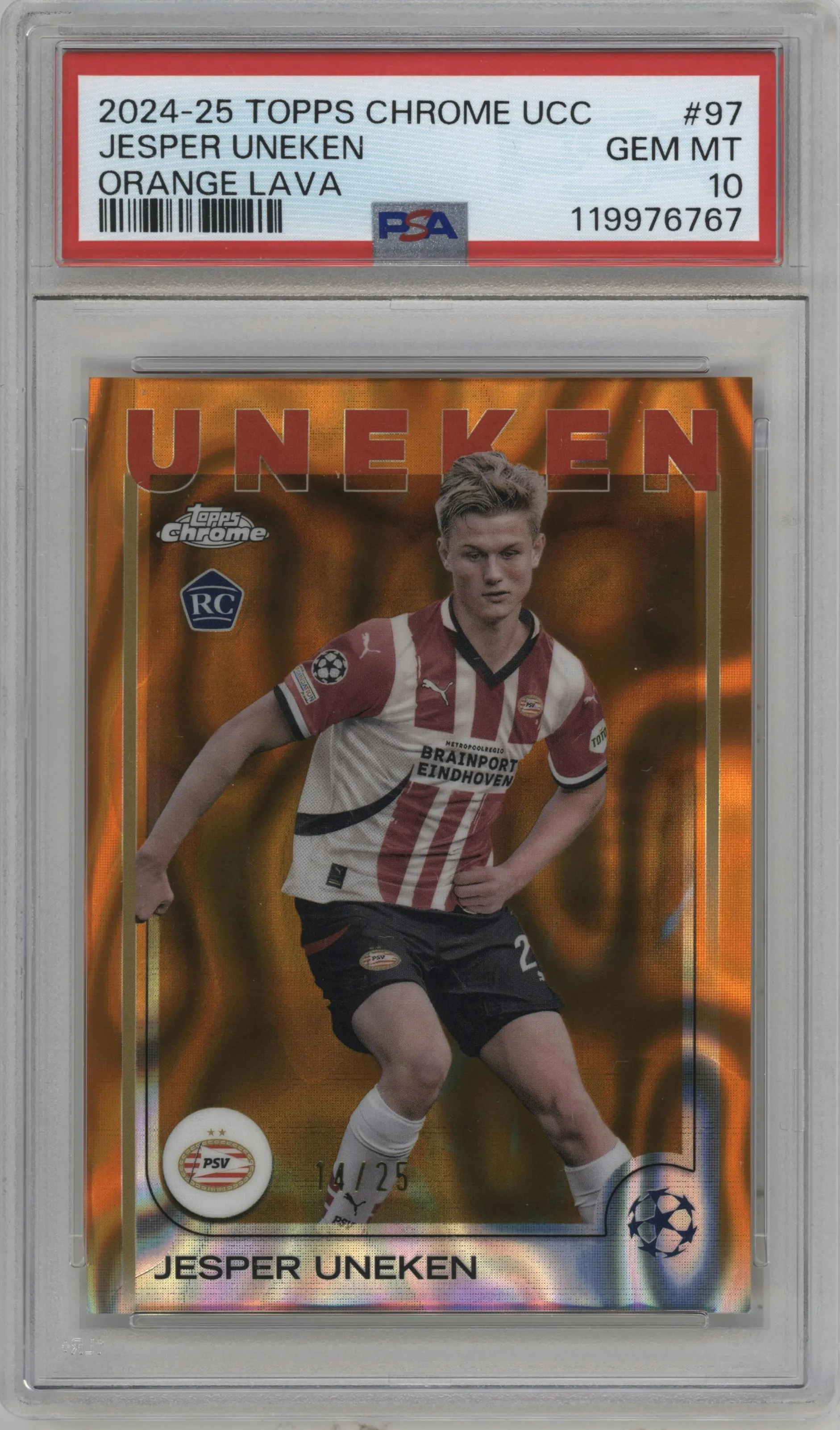 2024 Topps Chrome UEFA Club Competitions Jesper Uneken Orange Lava Refractor #97 PSA 10