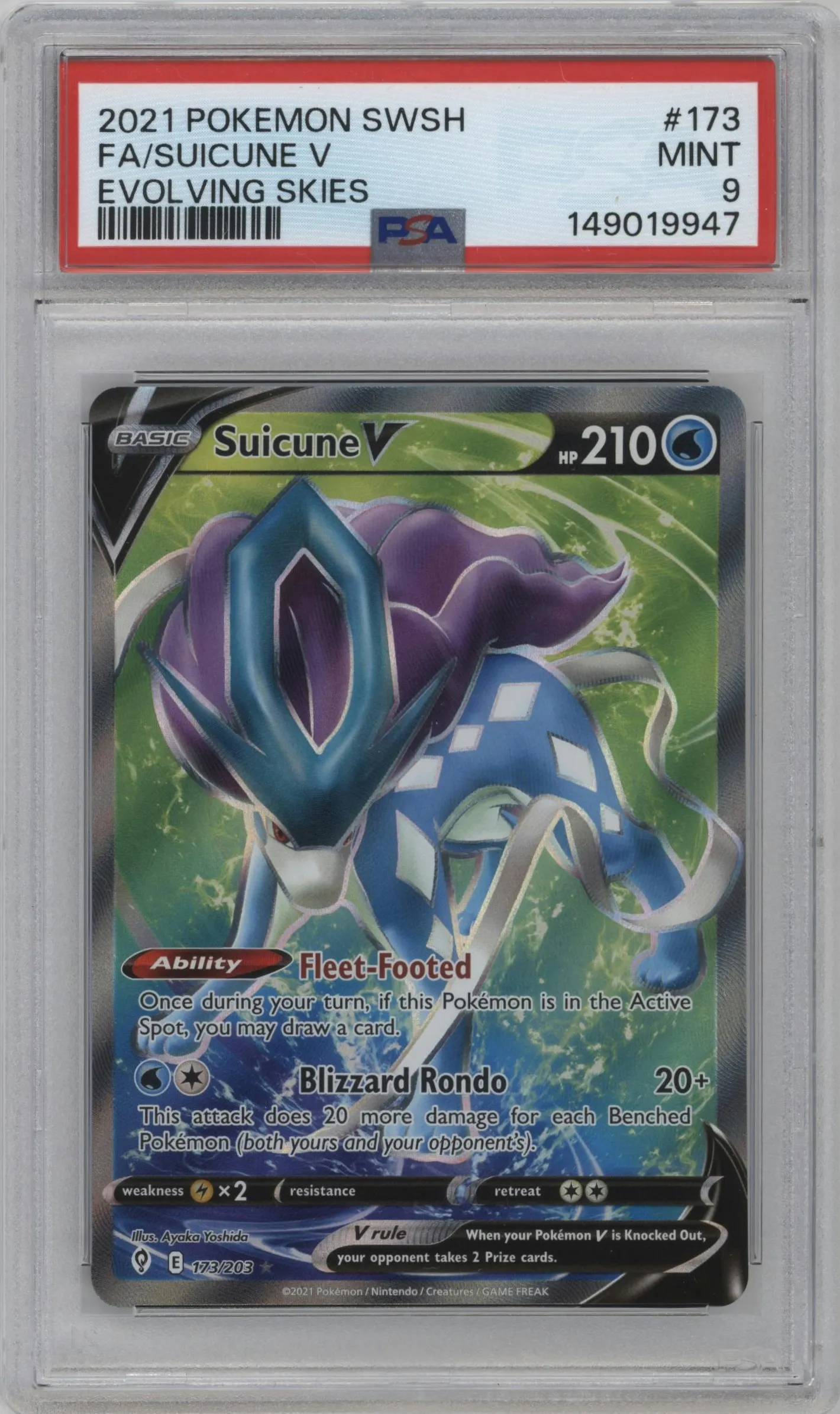 2021 Pokemon SWSH Evolving Skies Suicune V #173 PSA 9