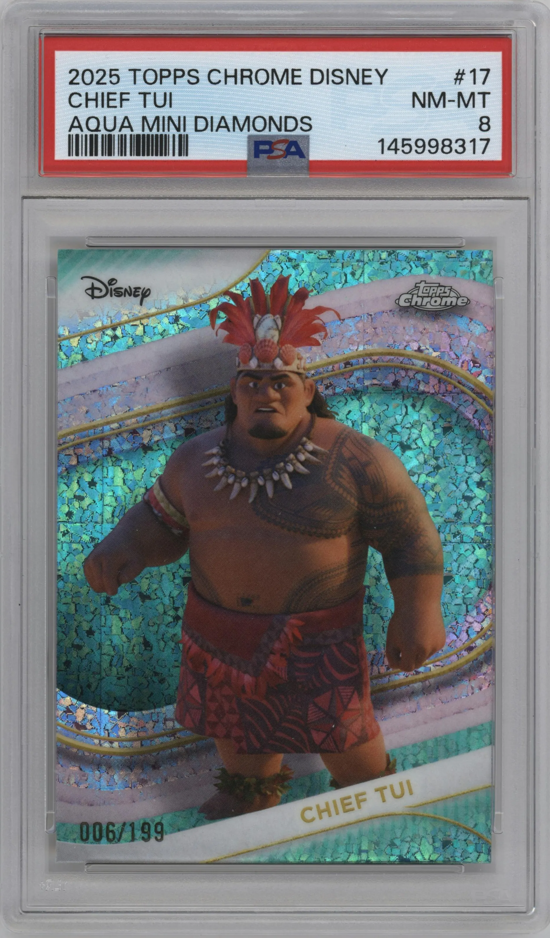 2025 Topps Chrome Disney Chief Tui Aqua Mini Diamonds #17 PSA 8