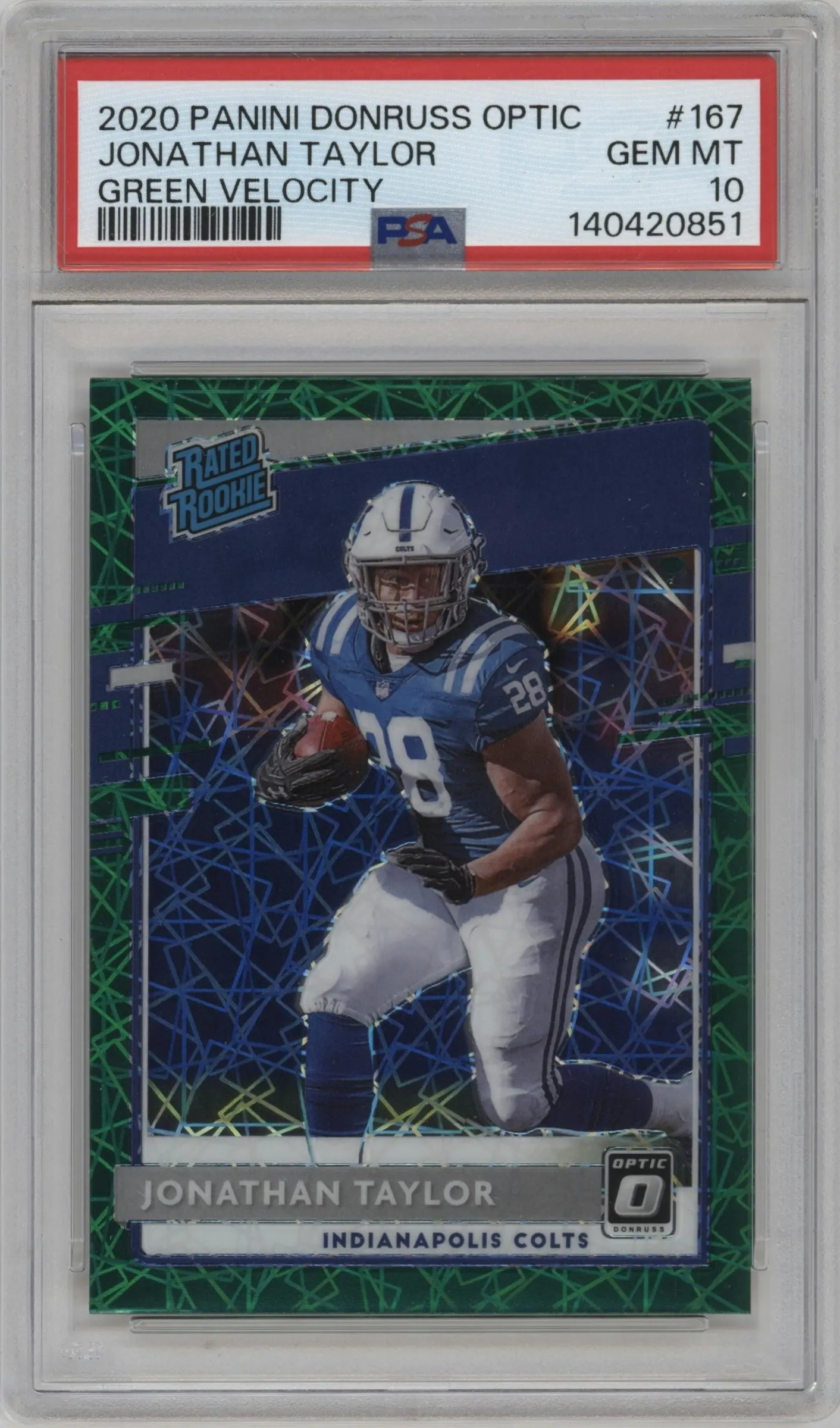 2020 Panini Donruss Optic Rated Rookie Jonathan Taylor Green Velocity PSA 10