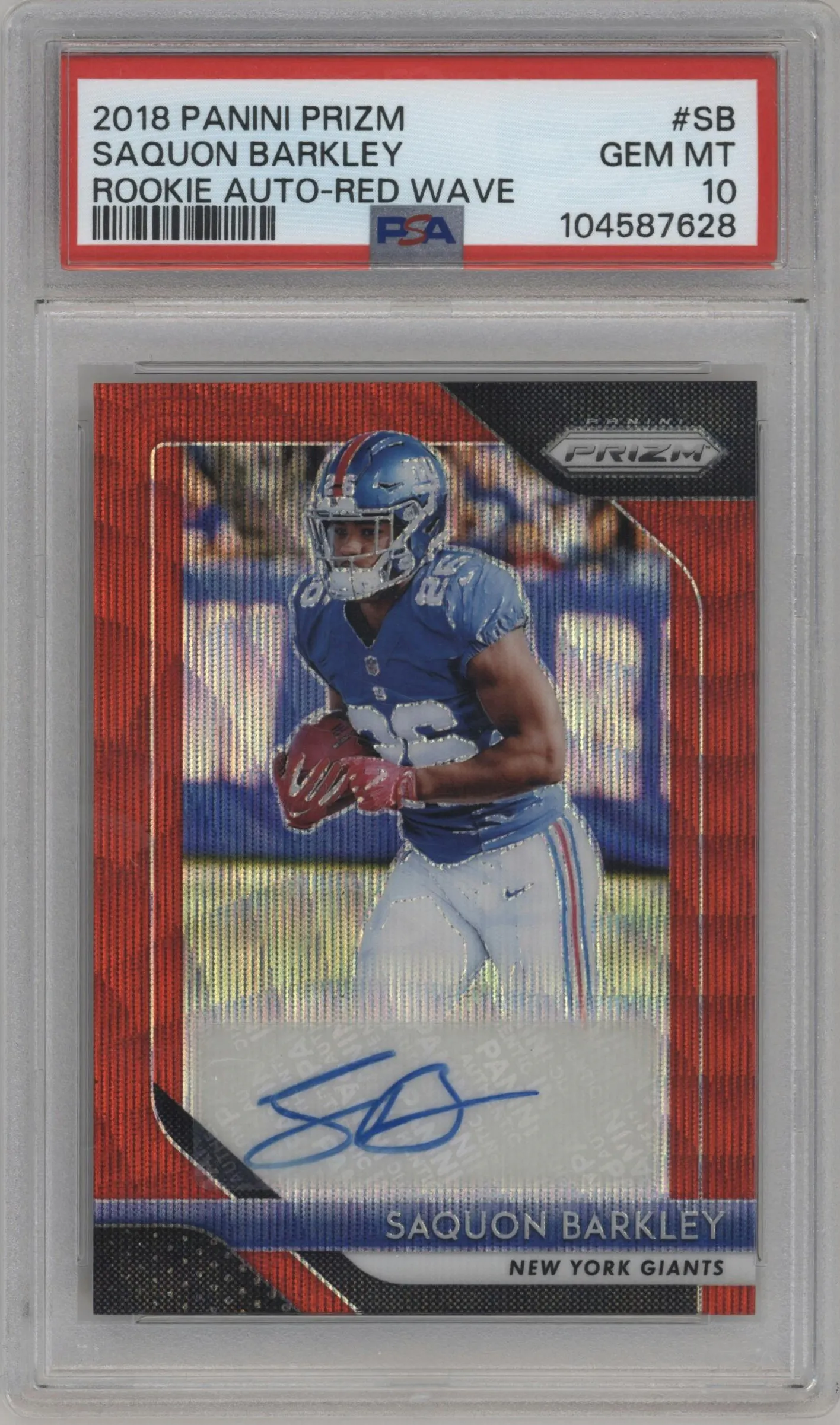 2018 Panini Prizm Rke.Auto Saquon Barkley Red Wave Prizm #RA-SB PSA 10