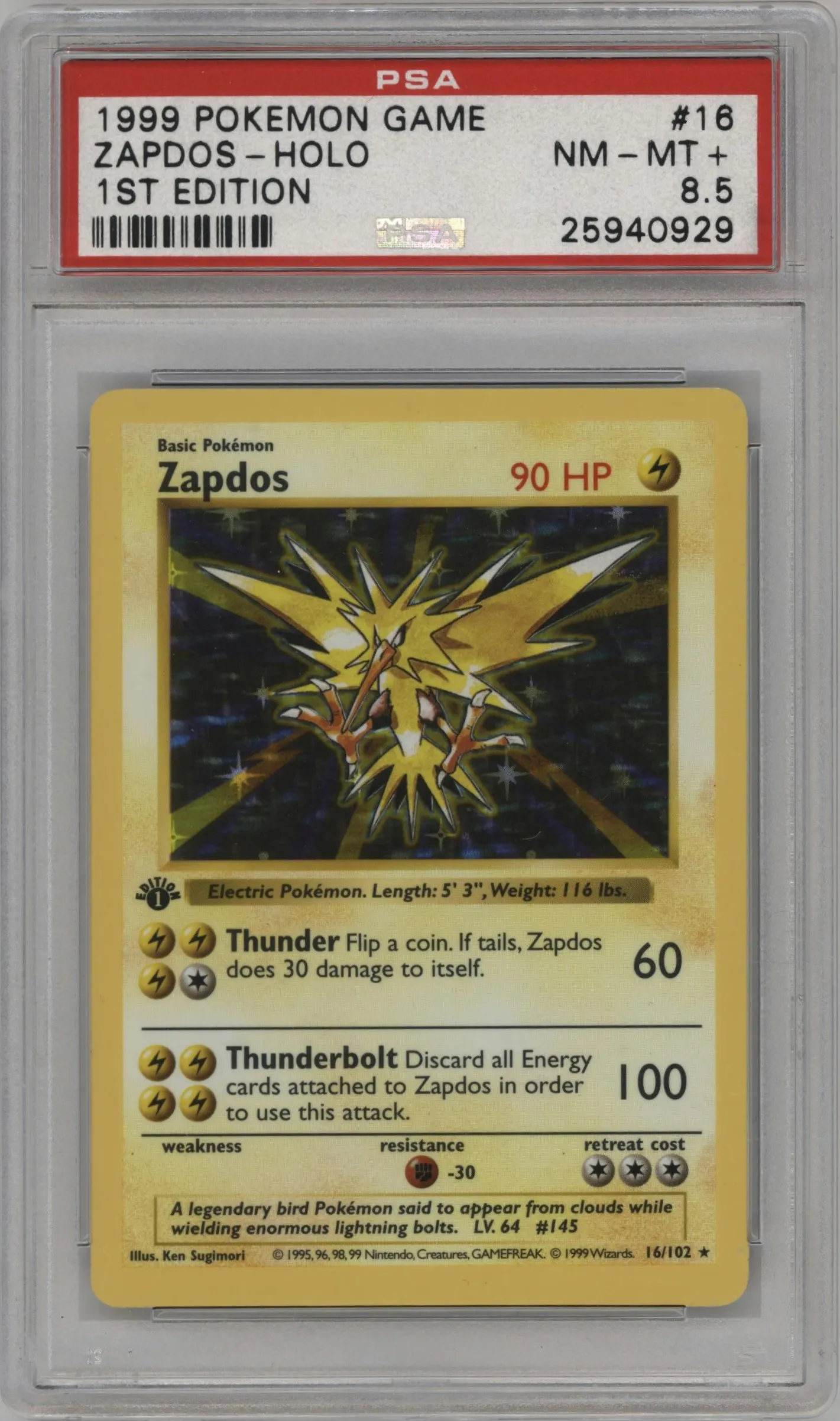 1999 Pokemon Base Set Zapdos #16 PSA 8.5
