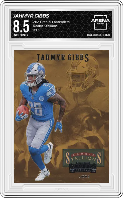 2023 Panini Contenders Rookie Stallions Jahmyr Gibbs #13 ARENA CLUB 8.5