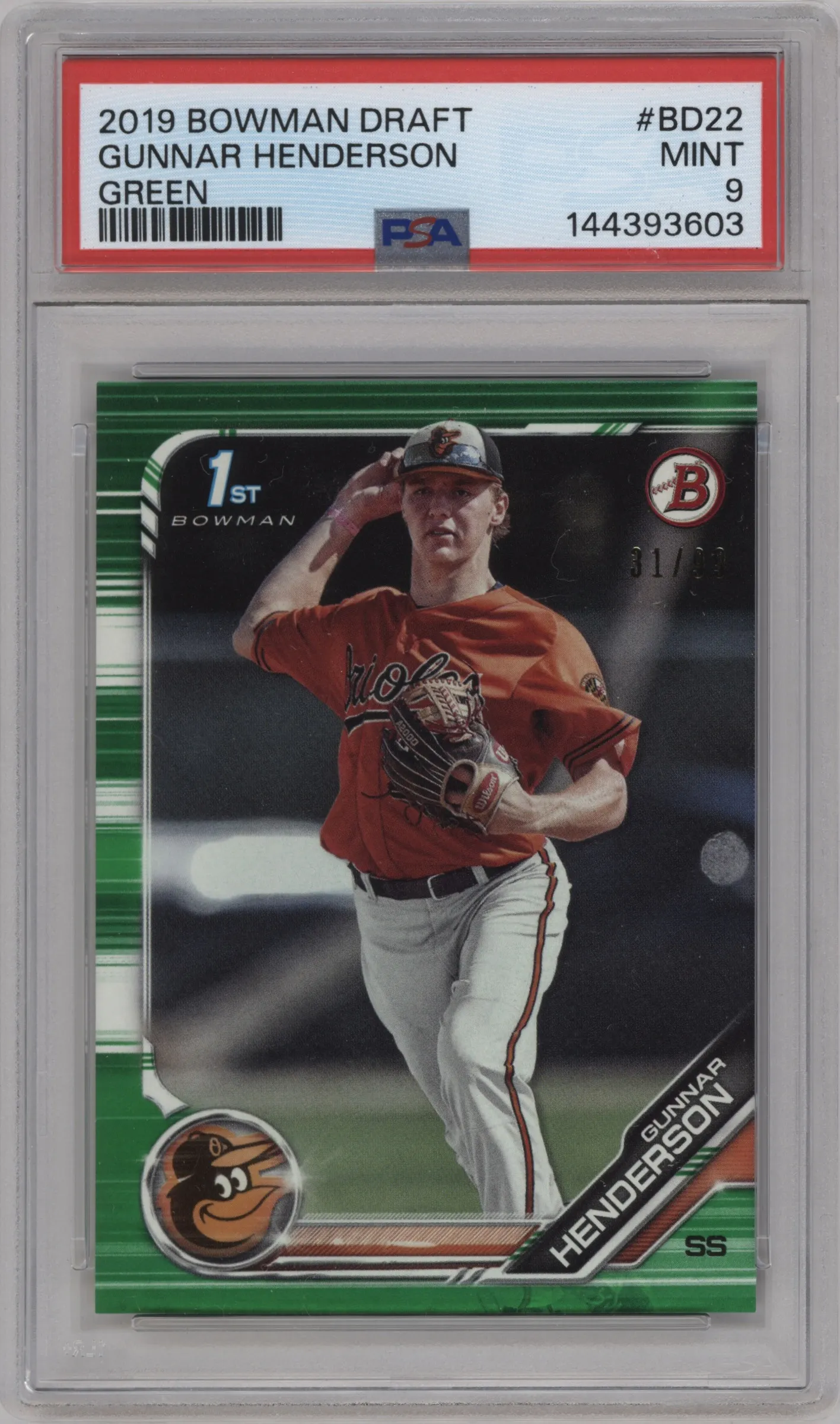 2019 Bowman Draft Gunnar Henderson Green PSA 9