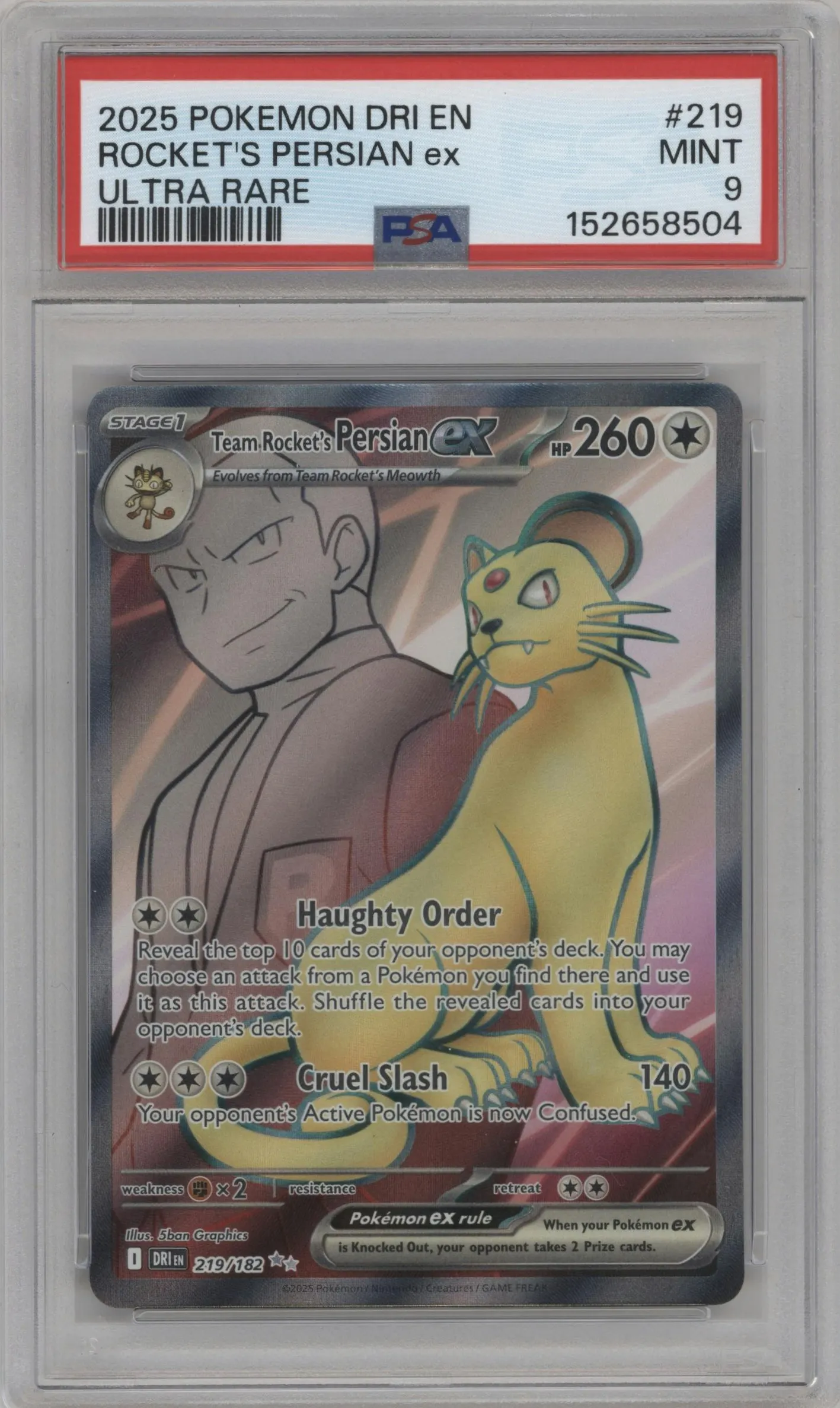 2025 Pokemon SV Destined Rivals Team Rocket's Persian ex #219 PSA 9