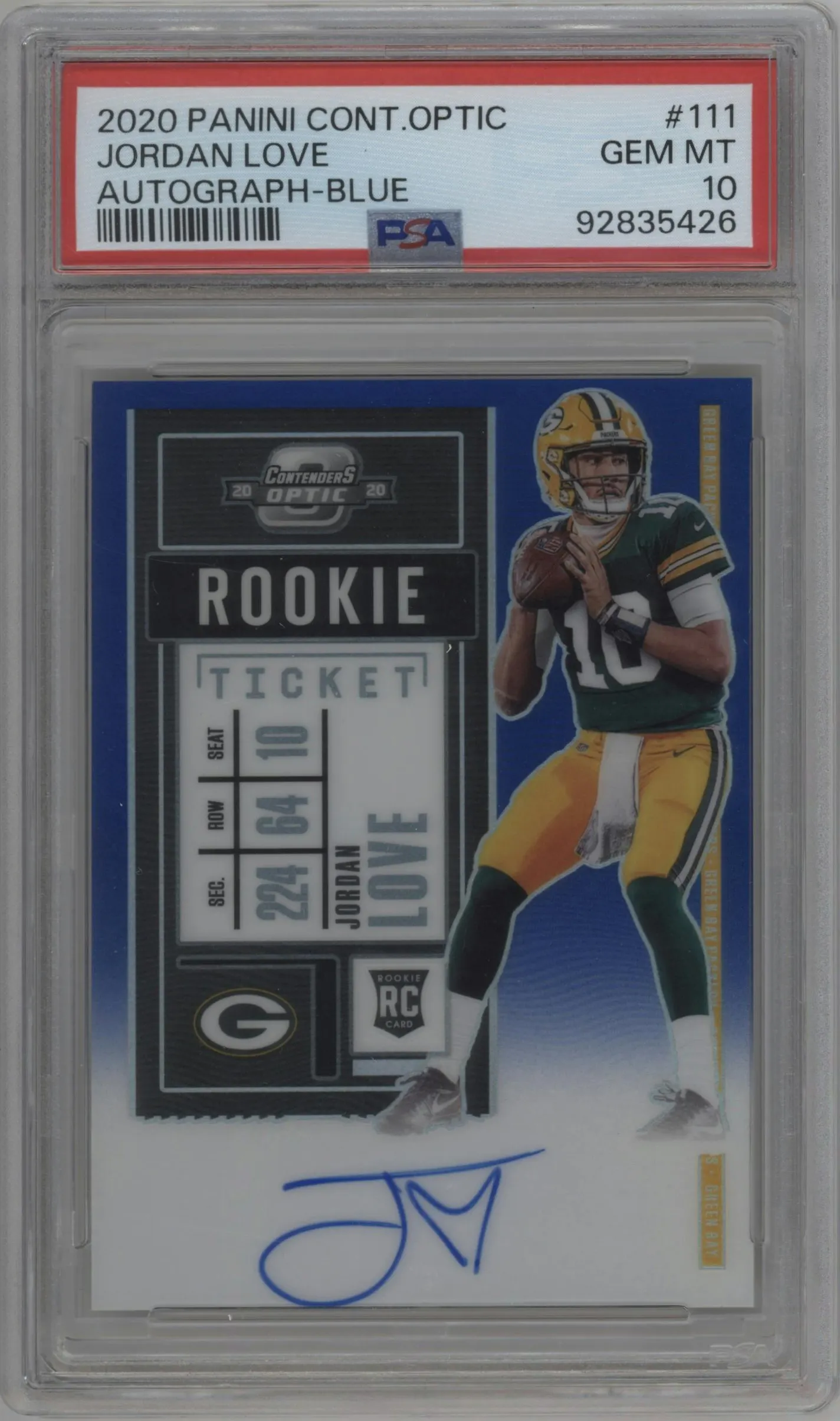 2020 Panini Contenders Optic Rke.Tkt.Auto Jordan Love Blue #111 PSA 10