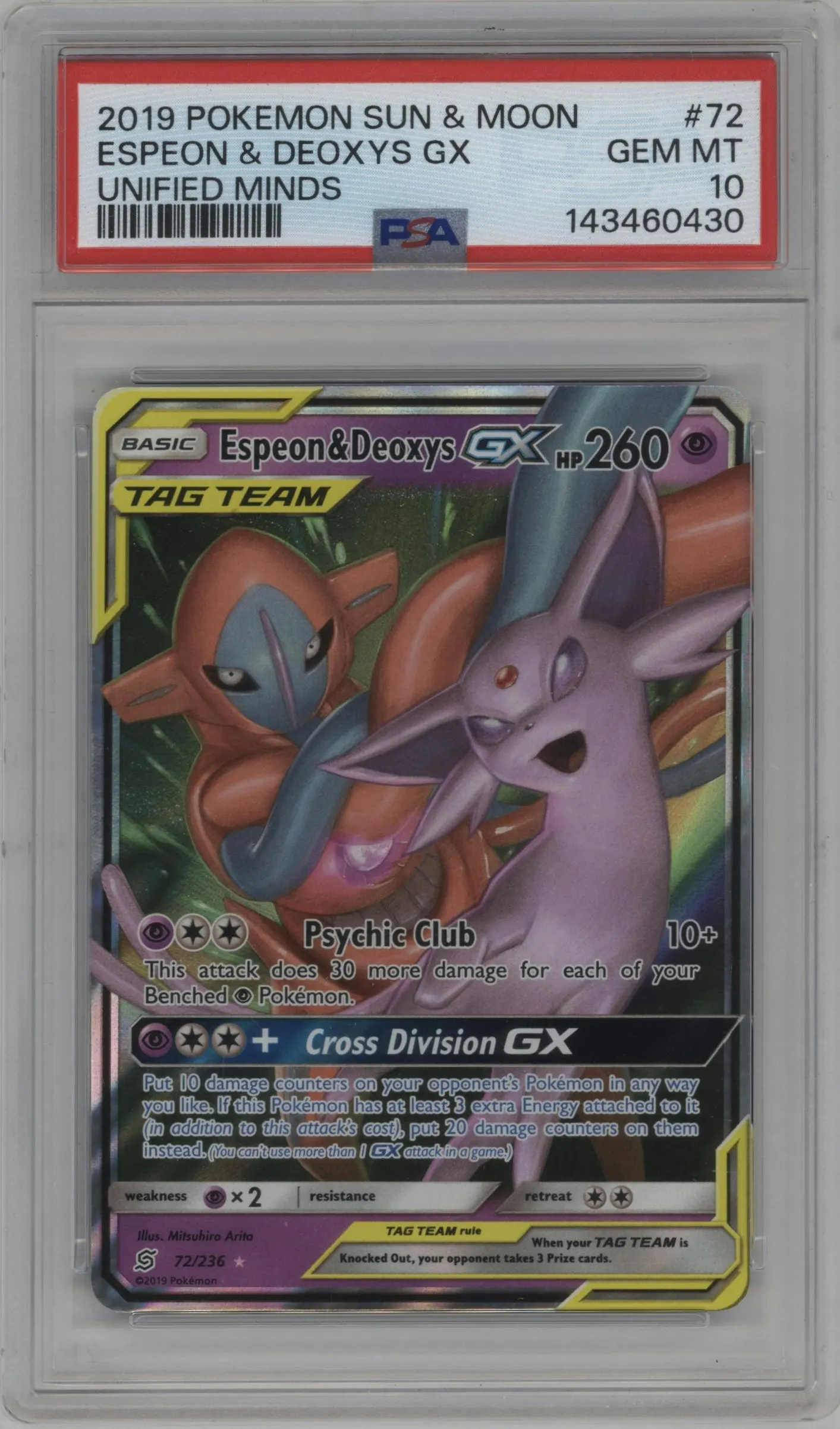 2019 Pokemon S&M Unified Minds Espeon/Deoxys GX #72 PSA 10