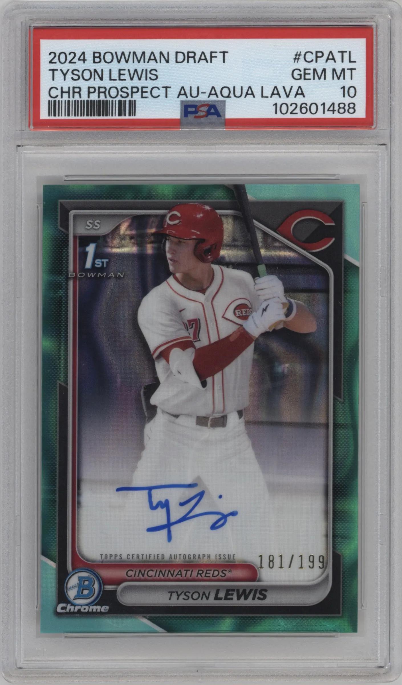 2024 Bowman Draft Chr.Pros.Auto Tyson Lewis Aqua Lava Refractor PSA 10