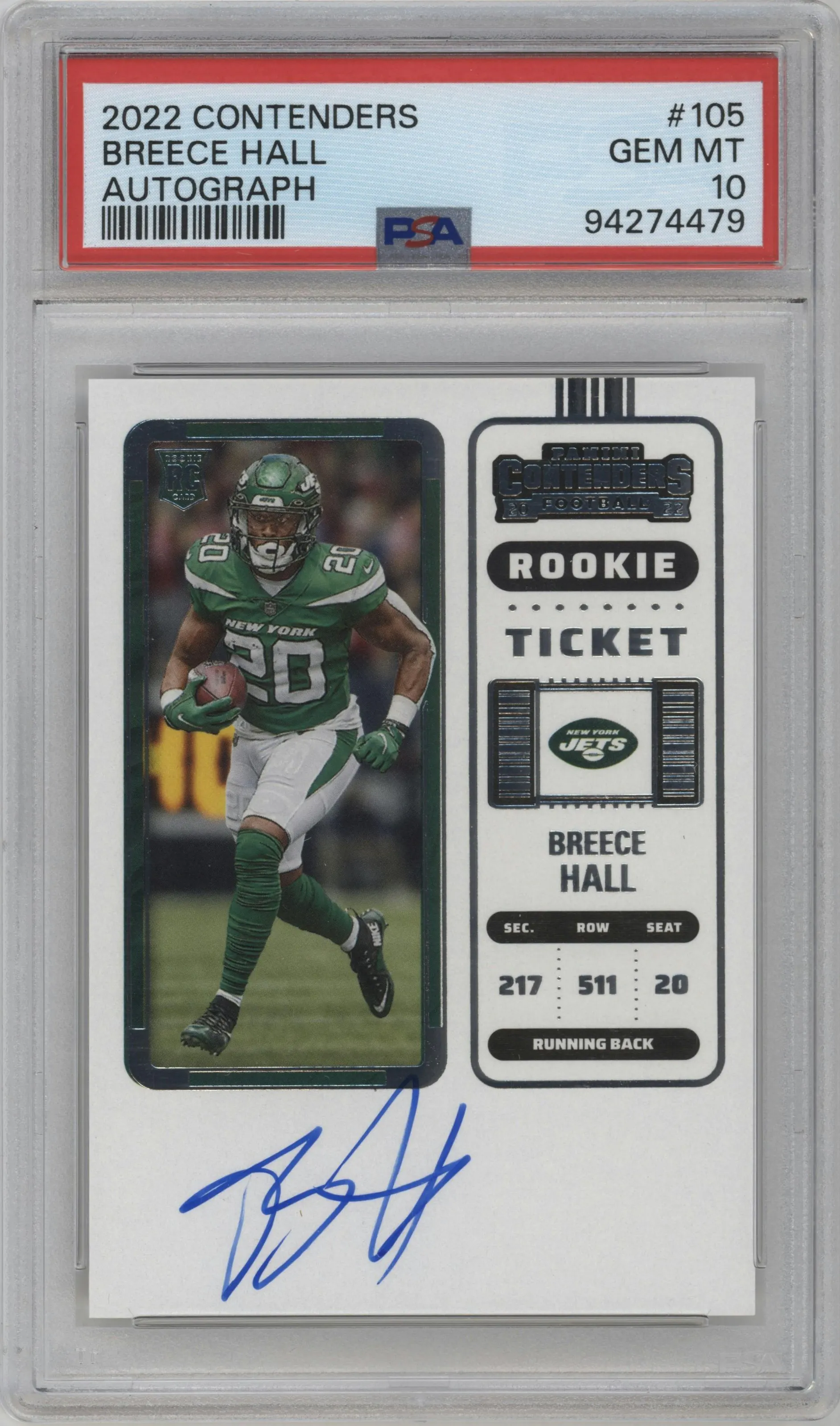 2022 Panini Contenders Rke.Tkt.Auto Breece Hall #105 PSA 10