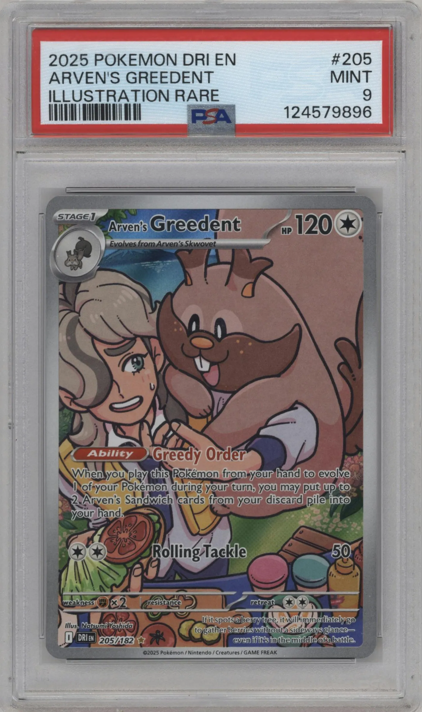 2025 Pokemon SV Destined Rivals Arven's Greedent #205 PSA 9