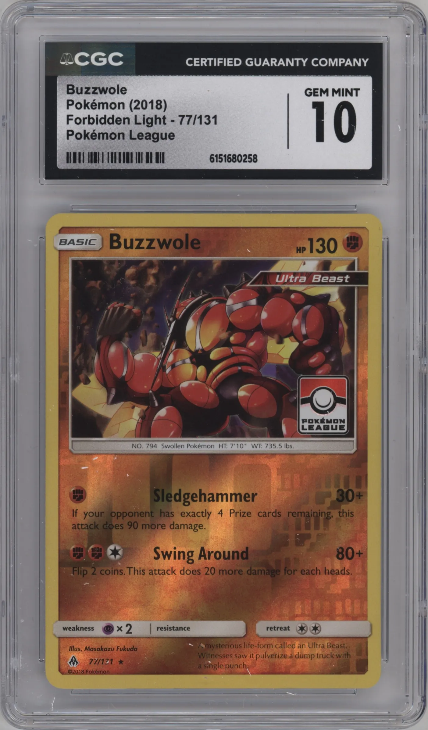 2018 Pokemon S&M Forbidden Light Buzzwole Pokemon League Forbidden Light Season 1 #77 CGC 10