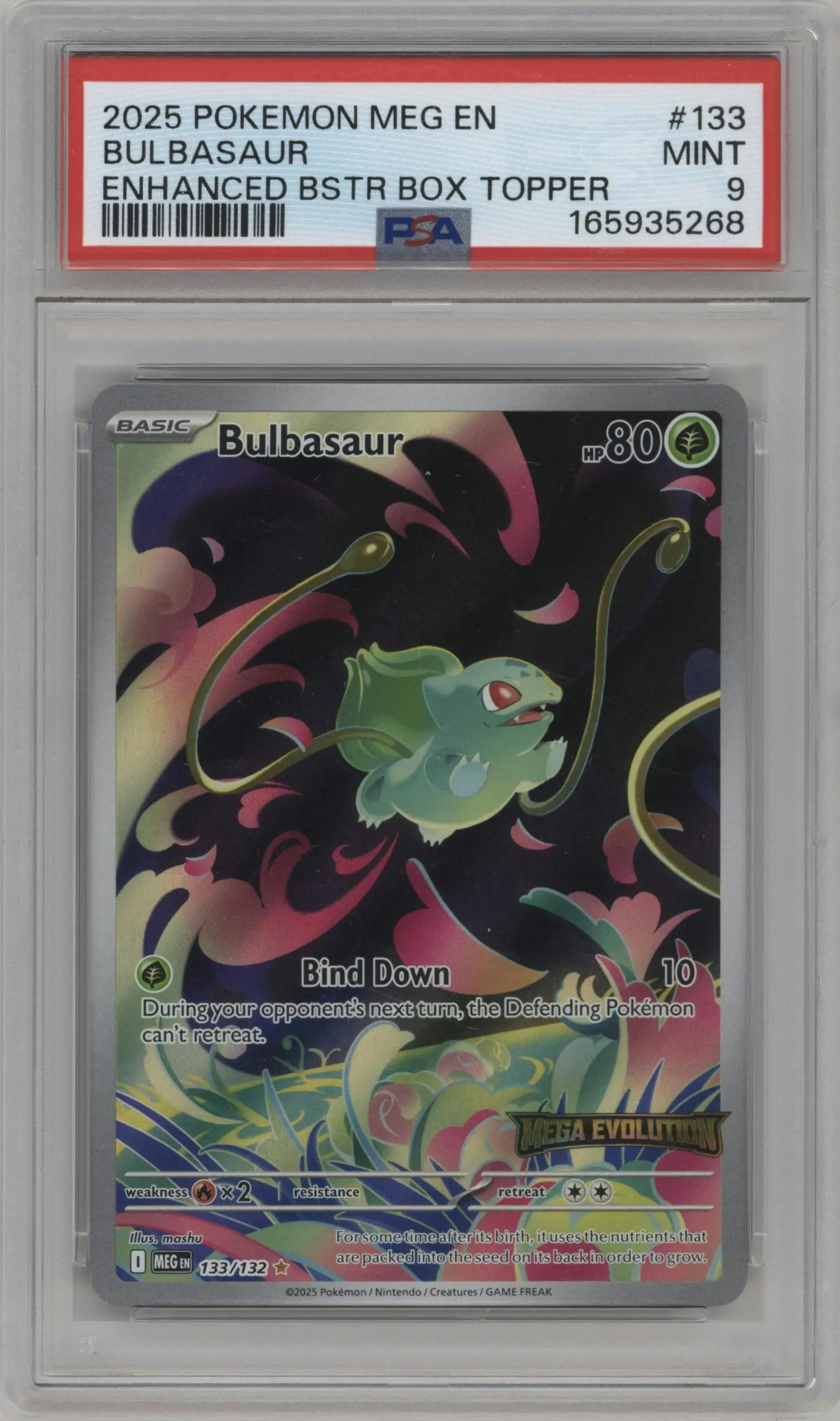 2025 Pokemon Mega Evolution Bulbasaur Enhanced Booster Box Topper #133 PSA 9