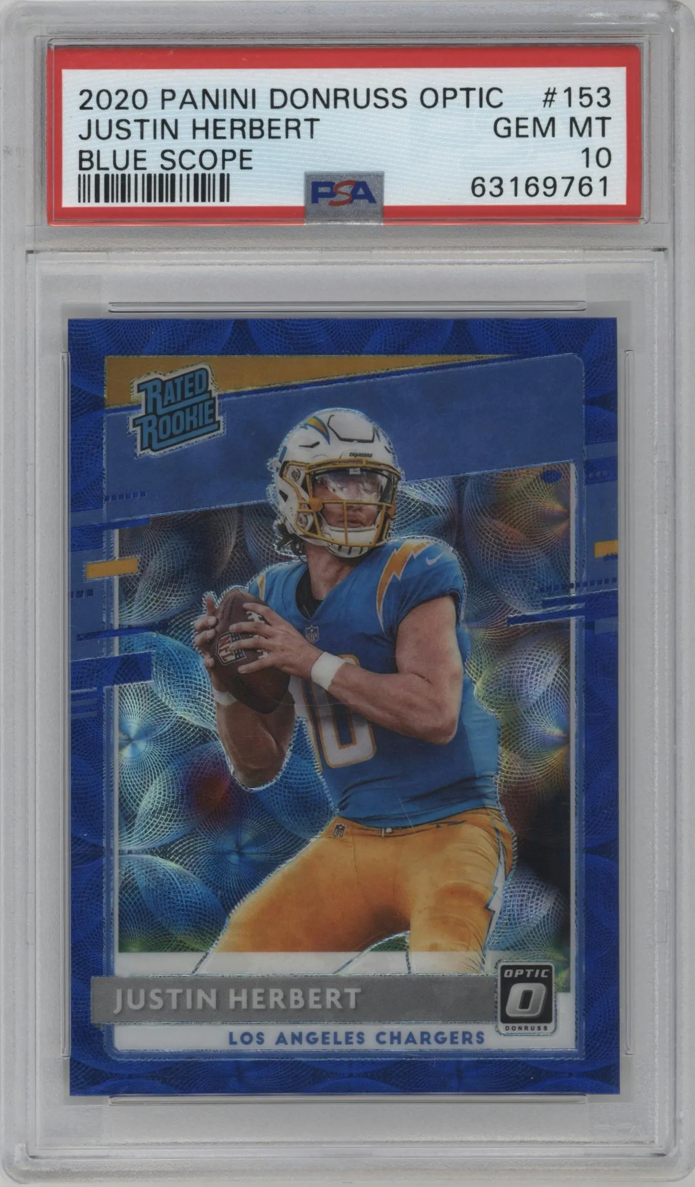 2020 Panini Donruss Optic Rated Rookie Justin Herbert Blue Scope #153 PSA 10