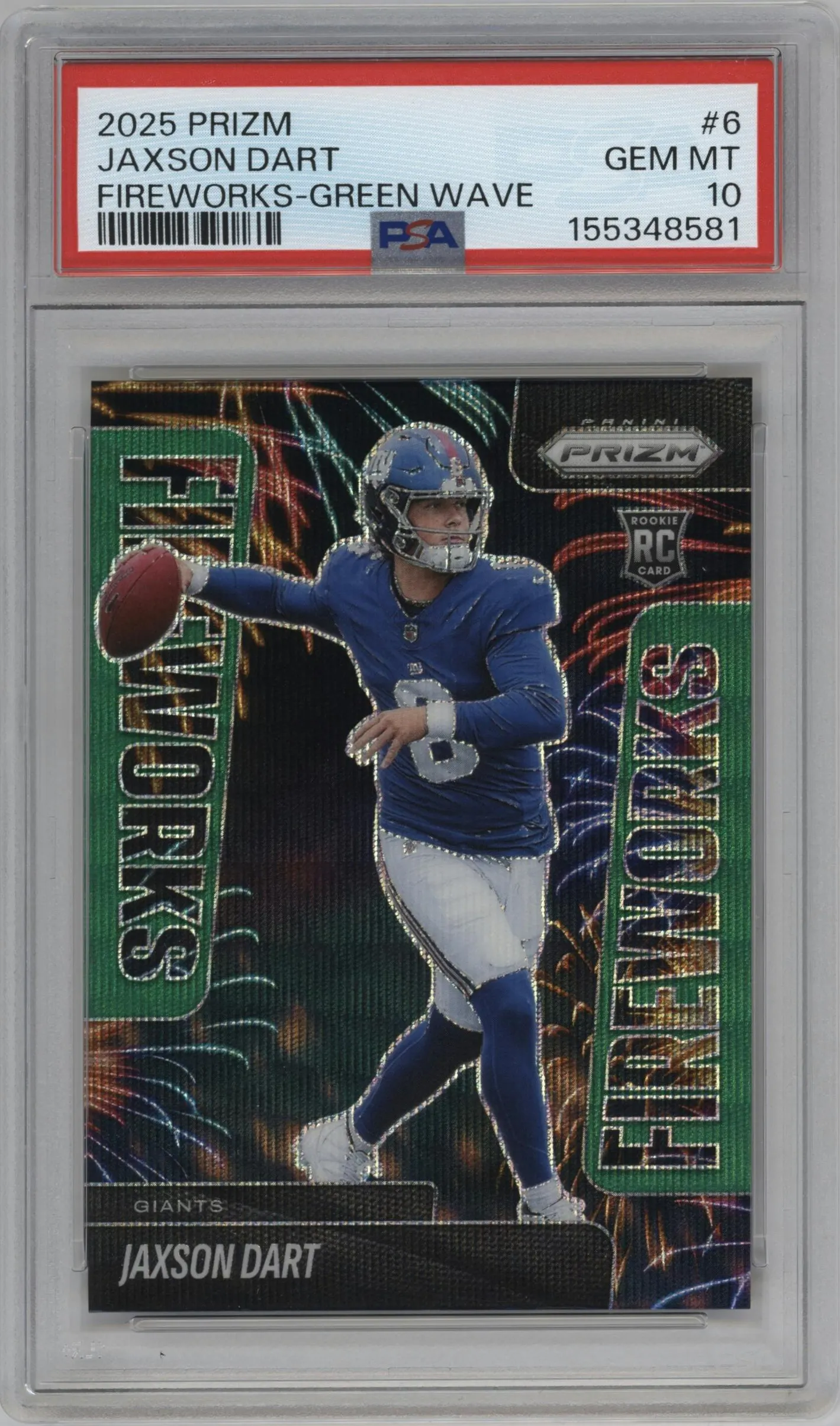 2025 Panini Prizm Fireworks Jaxson Dart Green Wave #6 PSA 10