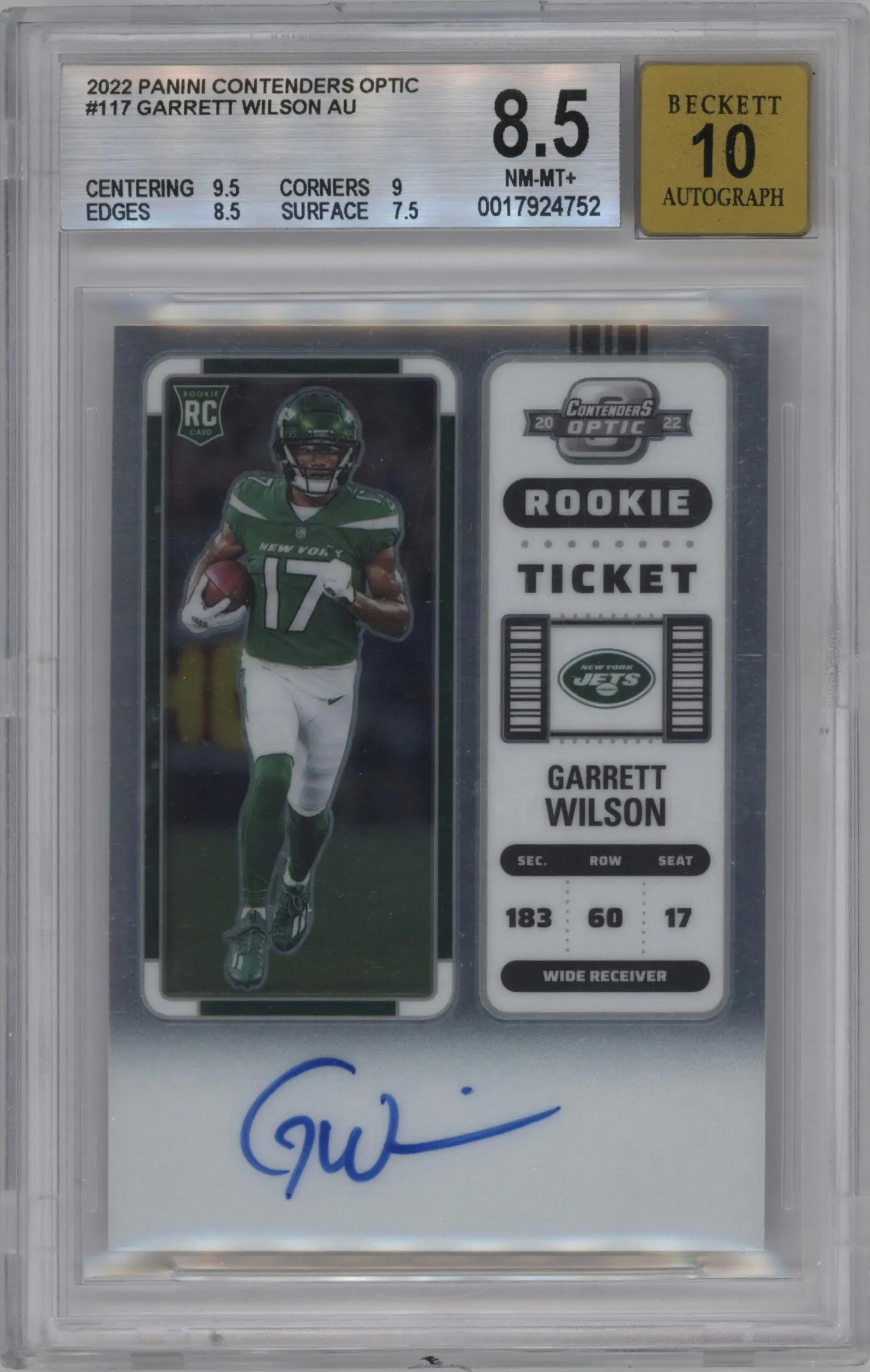 2022 Panini Contenders Optic Rke.Tkt.RPS Auto Garrett Wilson #117 BGS 8.5