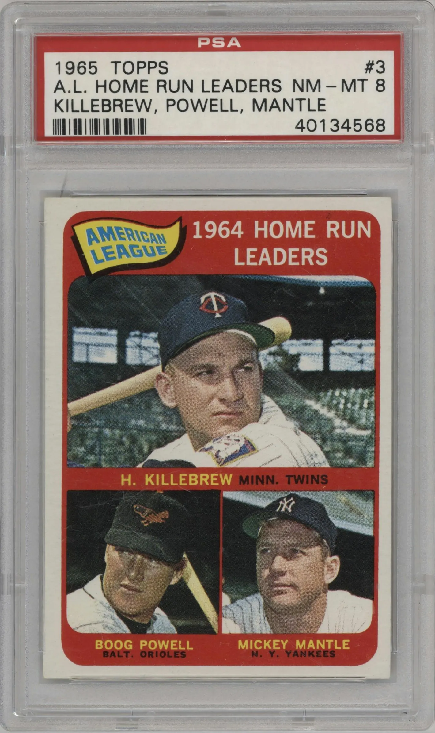 1965 Topps Harmon Killebrew/Boog Powell/Mickey Mantle #3 PSA 8