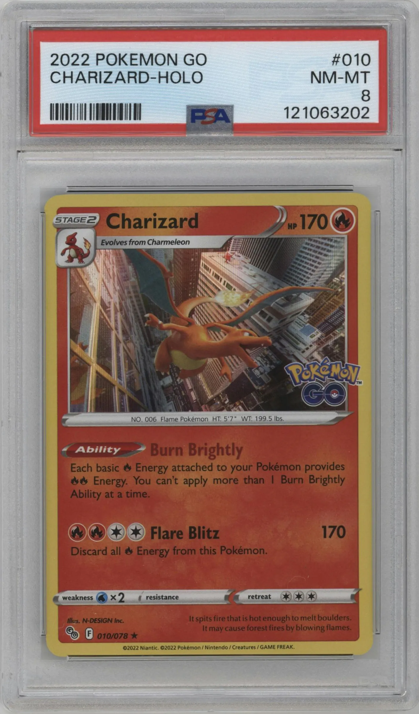2022 Pokemon SWSH Pokemon GO Charizard #010 PSA 8