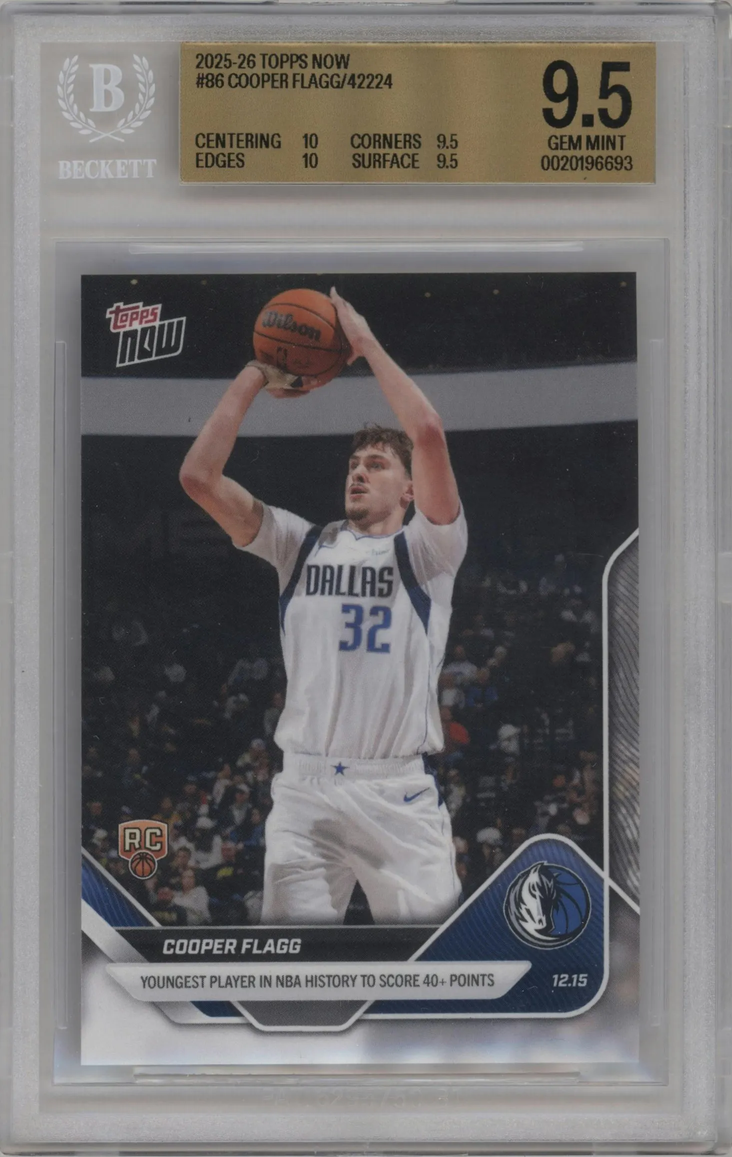 2025 Topps Now Cooper Flagg BGS 9.5