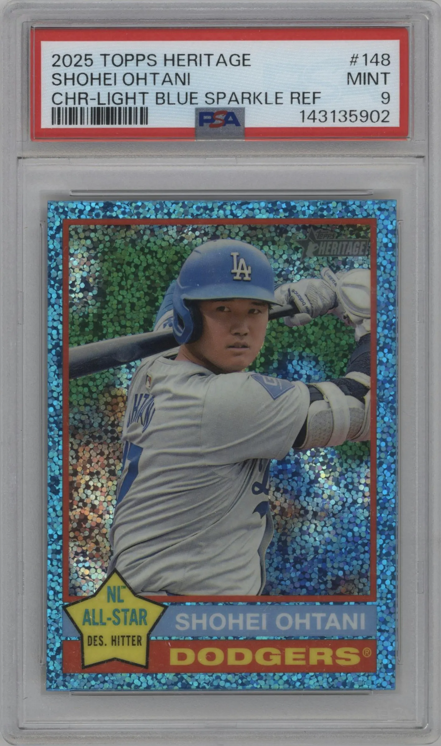 2025 Topps Heritage Chrome Shohei Ohtani Light Blue Sparkle Refractor #148 PSA 9