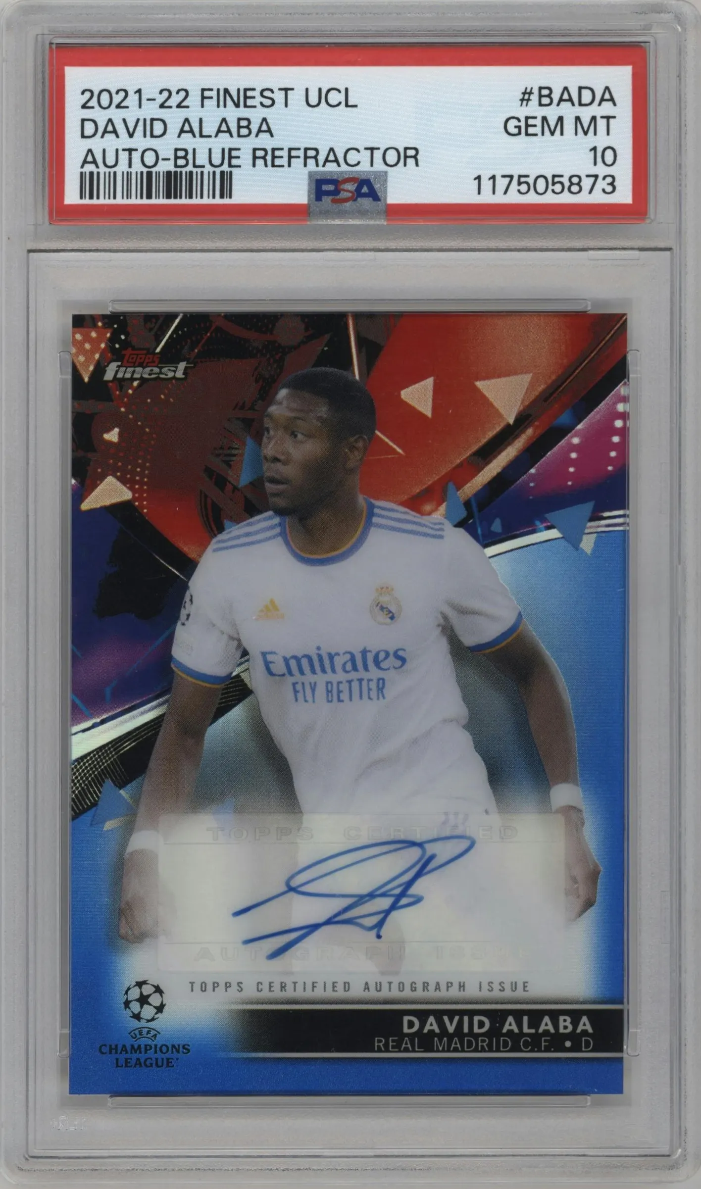 2021 Topps Finest UEFA Champions League Auto David Alaba Blue Refractor #BA-DA PSA 10