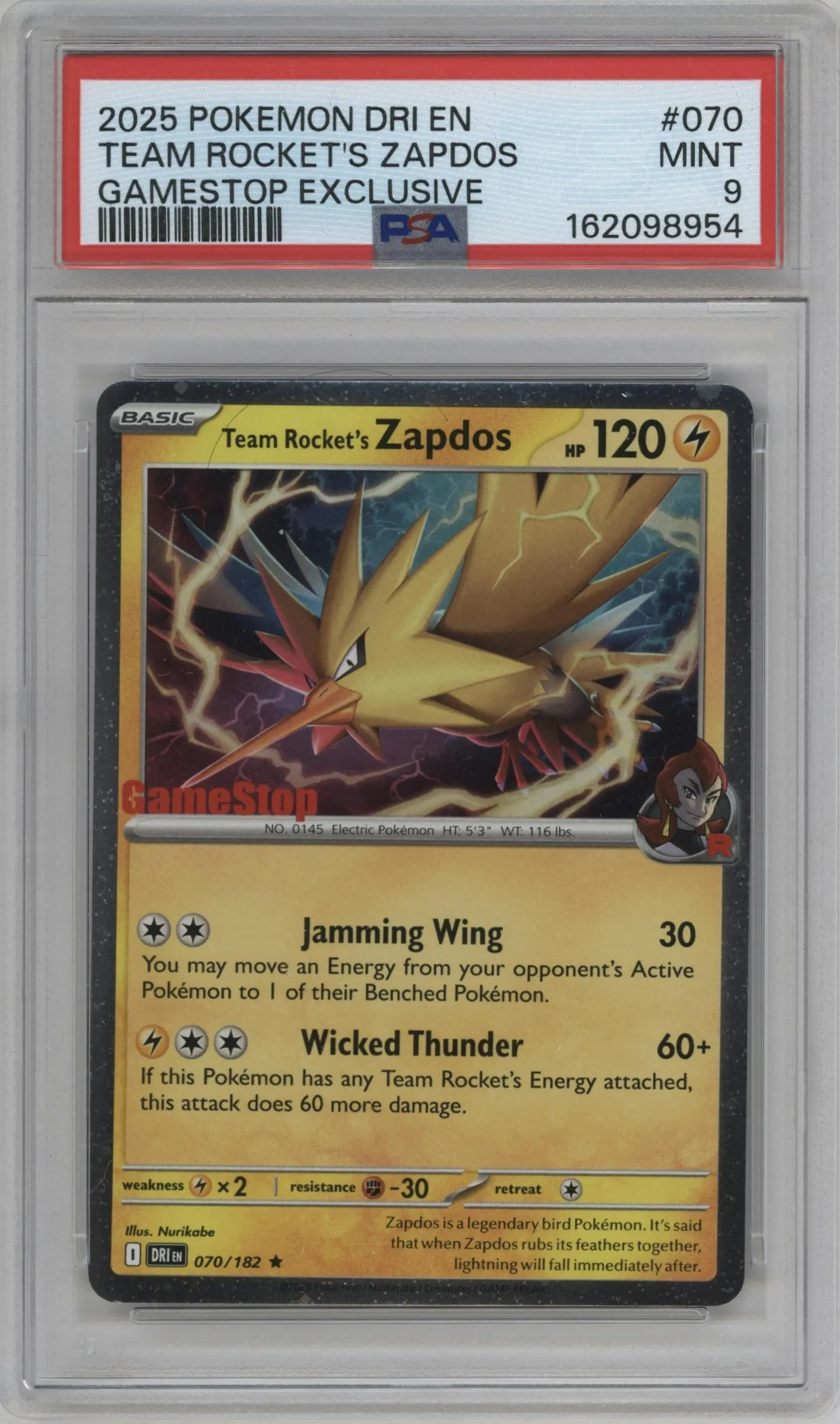 2025 Pokemon SV Destined Rivals Team Rocket's Zapdos Gamestop Exclusive #070 PSA 9