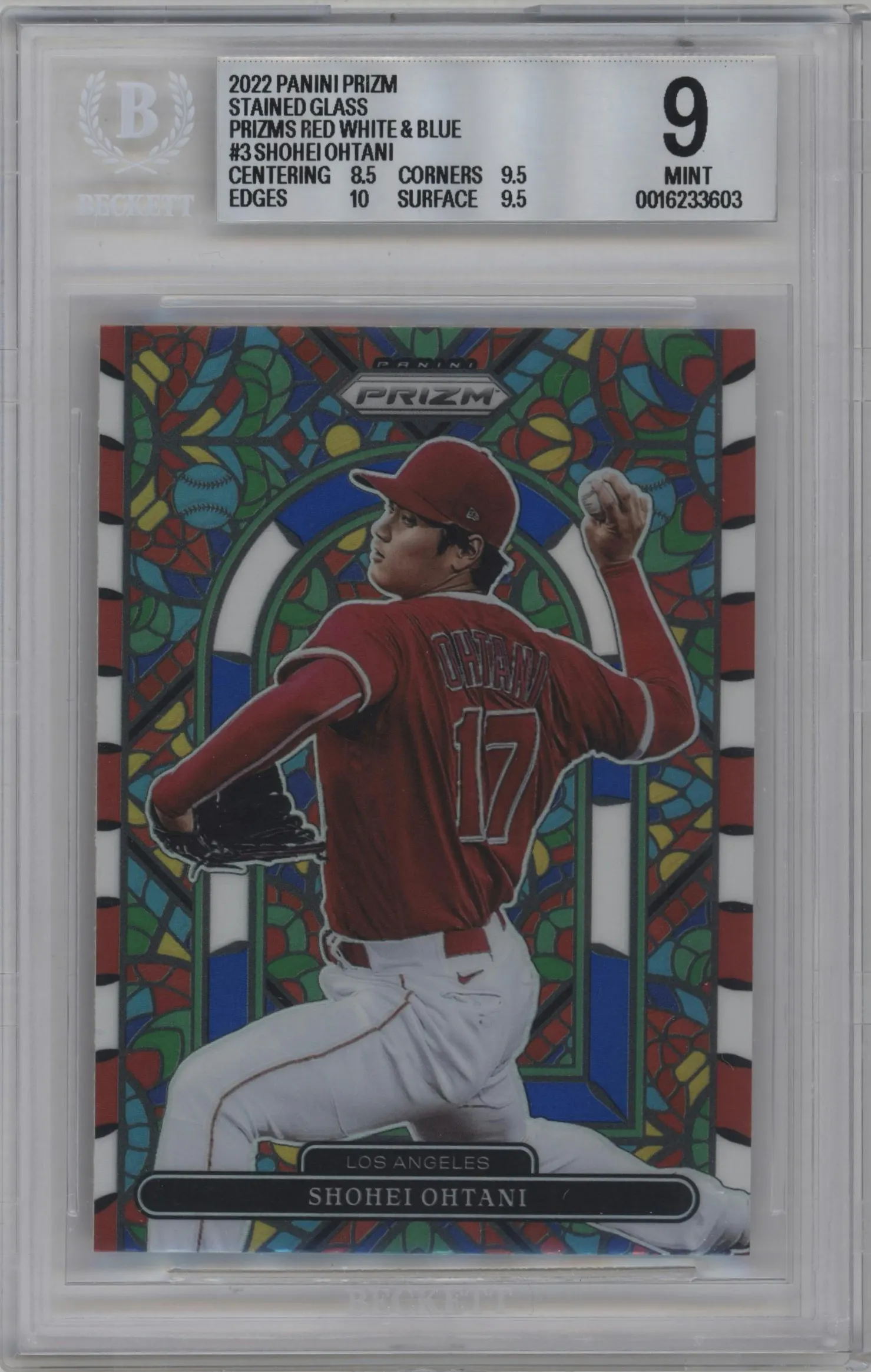 2022 Panini Prizm Stained Glass Shohei Ohtani Red/White/Blue Prizm #SG-3 BGS 9
