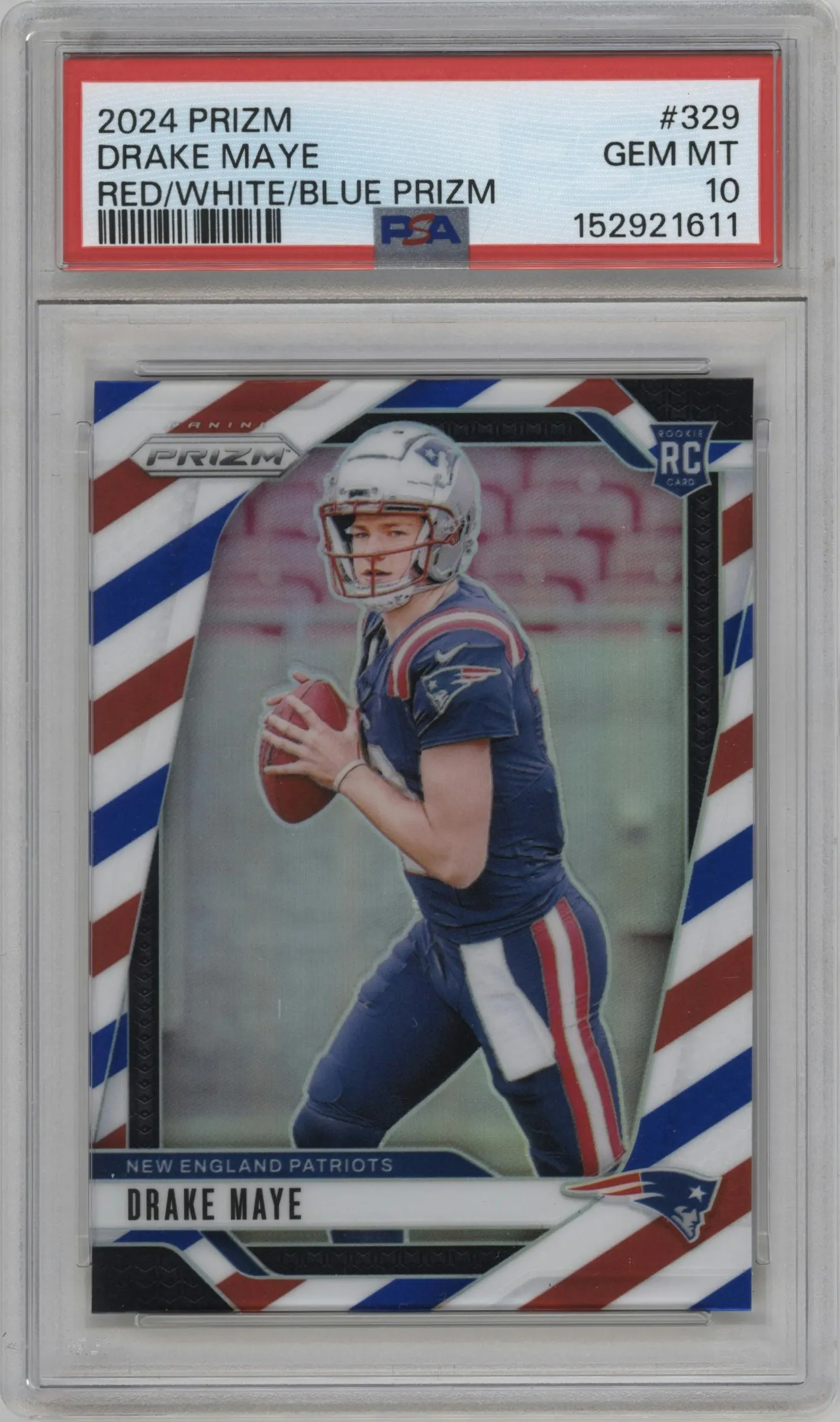 2024 Panini Prizm Drake Maye Red White Blue Prizm #329 PSA 10
