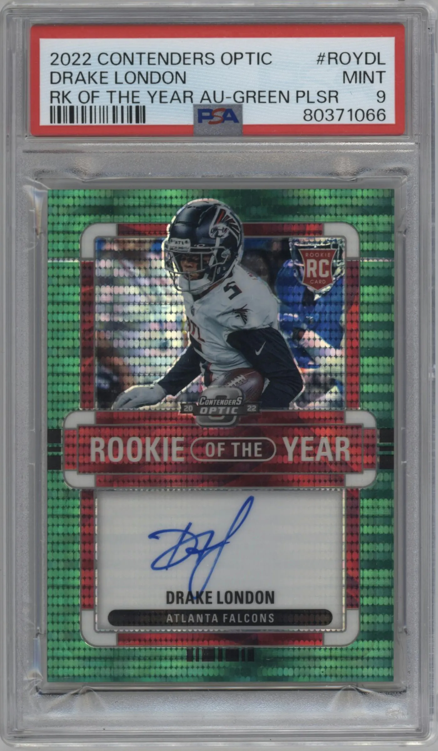 2022 Panini Contenders Optic ROY Cont.Auto Drake London Green Pulsar #ROY-DL PSA 9