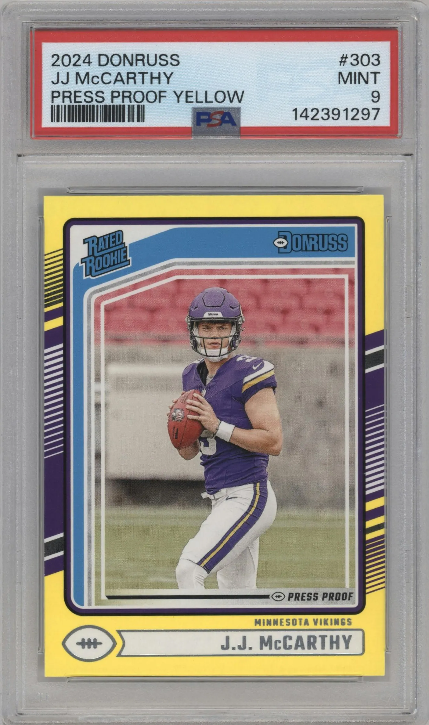 2024 Donruss Rated Rookie J.J. McCarthy Press Proof Yellow #303 PSA 9