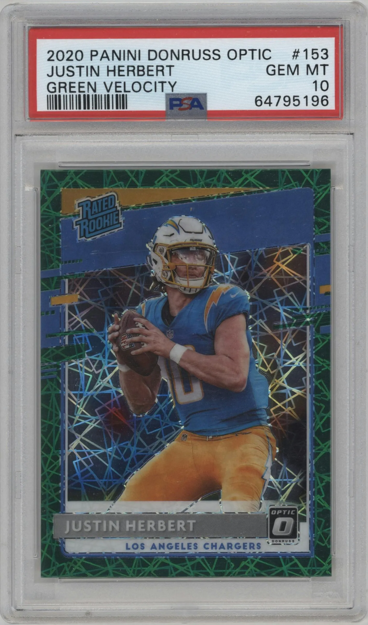 2020 Panini Donruss Optic Rated Rookie Justin Herbert Green Velocity PSA 10
