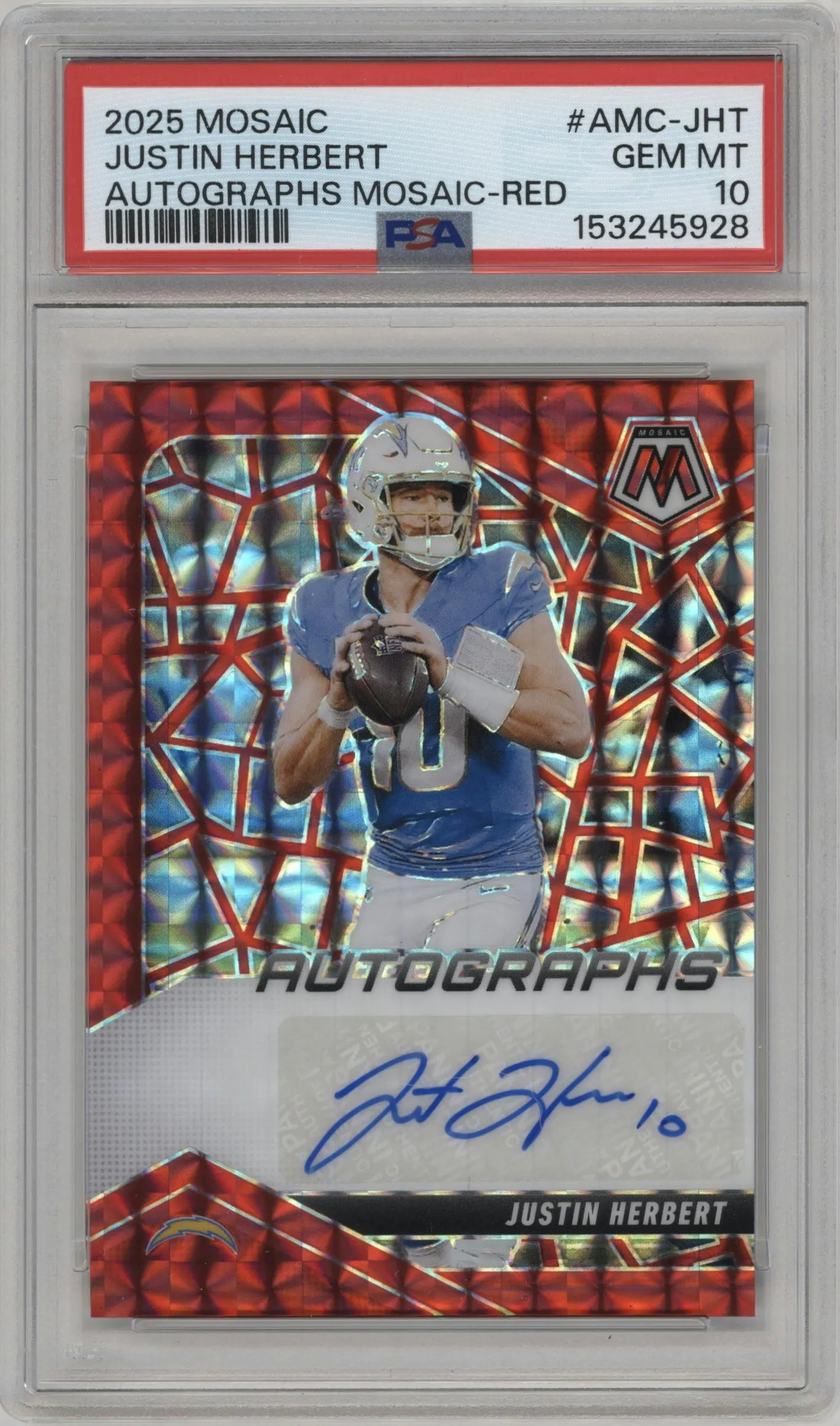 2025 Panini Mosaic Auto Justin Herbert Red #AMC-JHT PSA 10