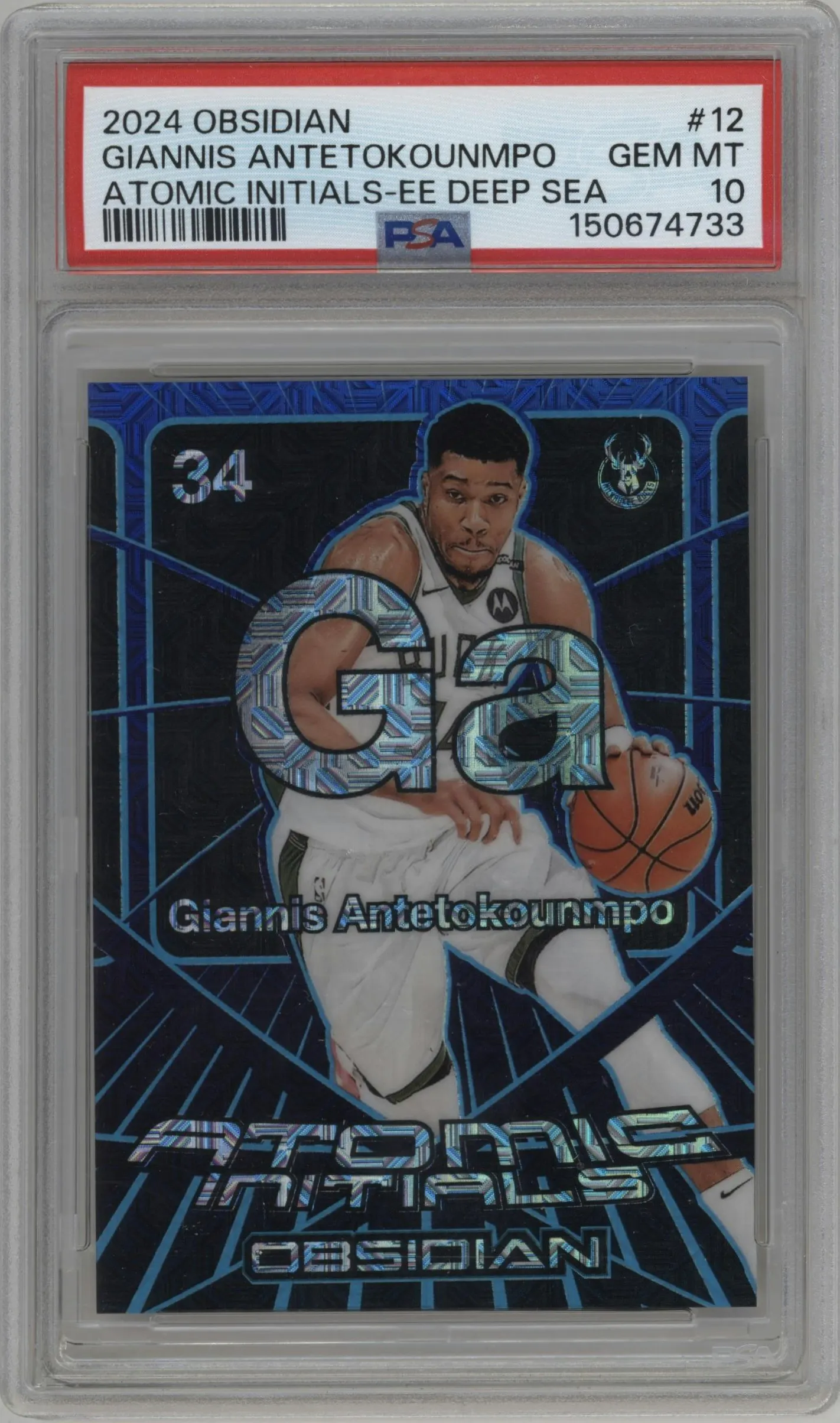 2024 Panini Obsidian Atomic Initials Giannis Antetokounmpo Electric Etch Deep Sea Mojo #12 PSA 10