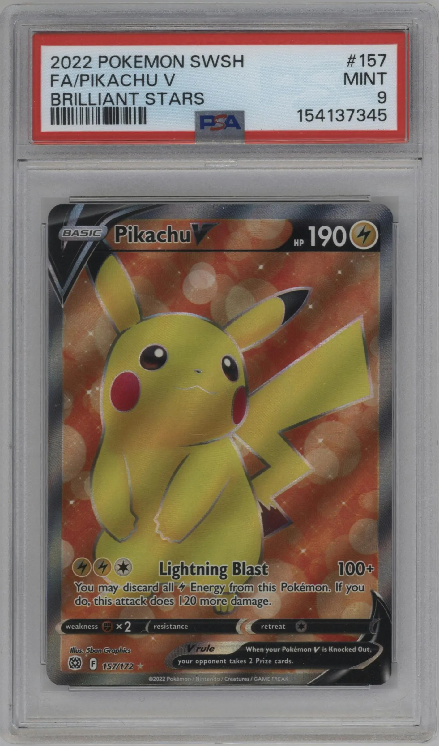 2022 Pokemon SWSH Brilliant Stars Pikachu V #157 PSA 9
