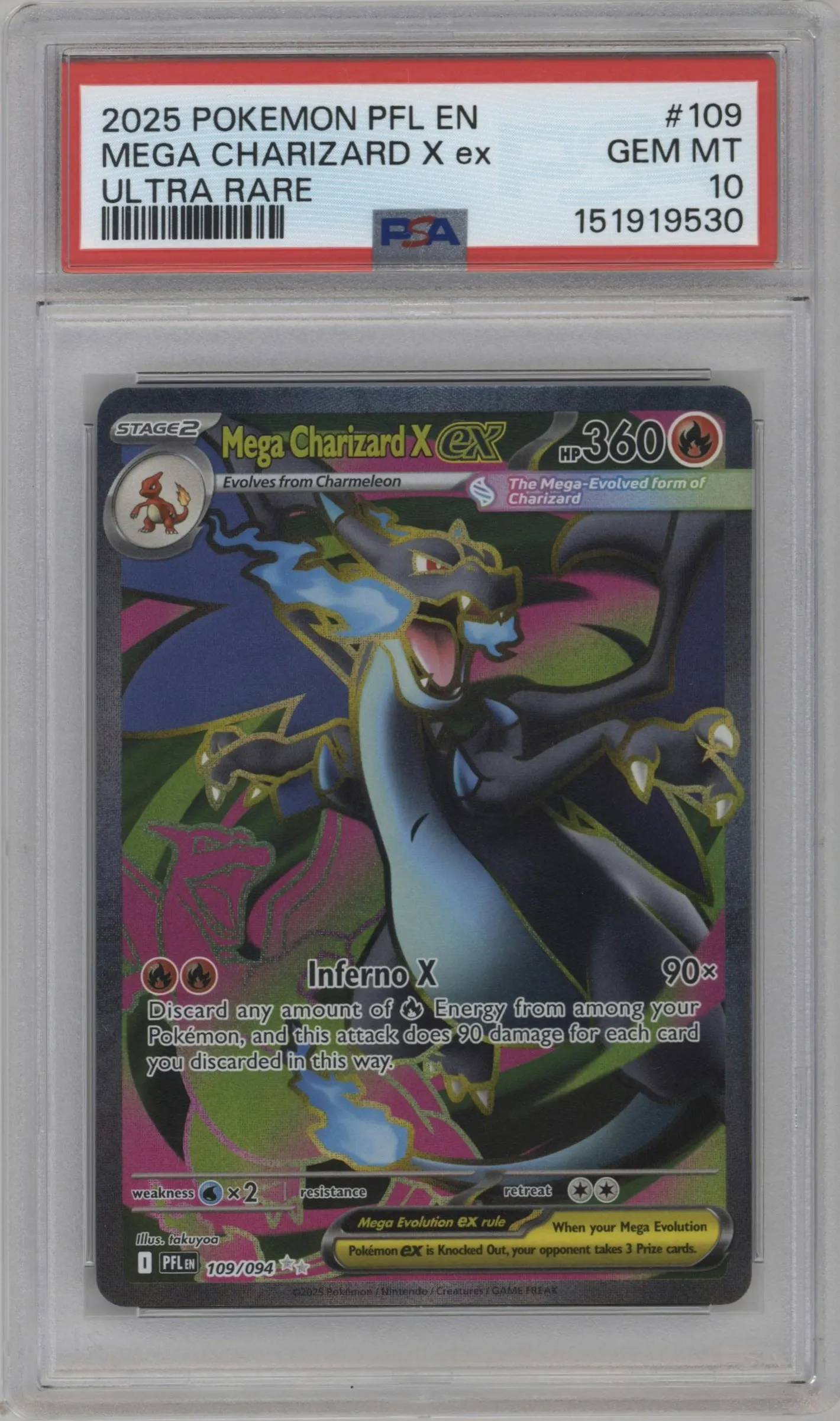 2025 Pokemon Mega Evolution Phan. Flames Mega Charizard X ex #109 PSA 10